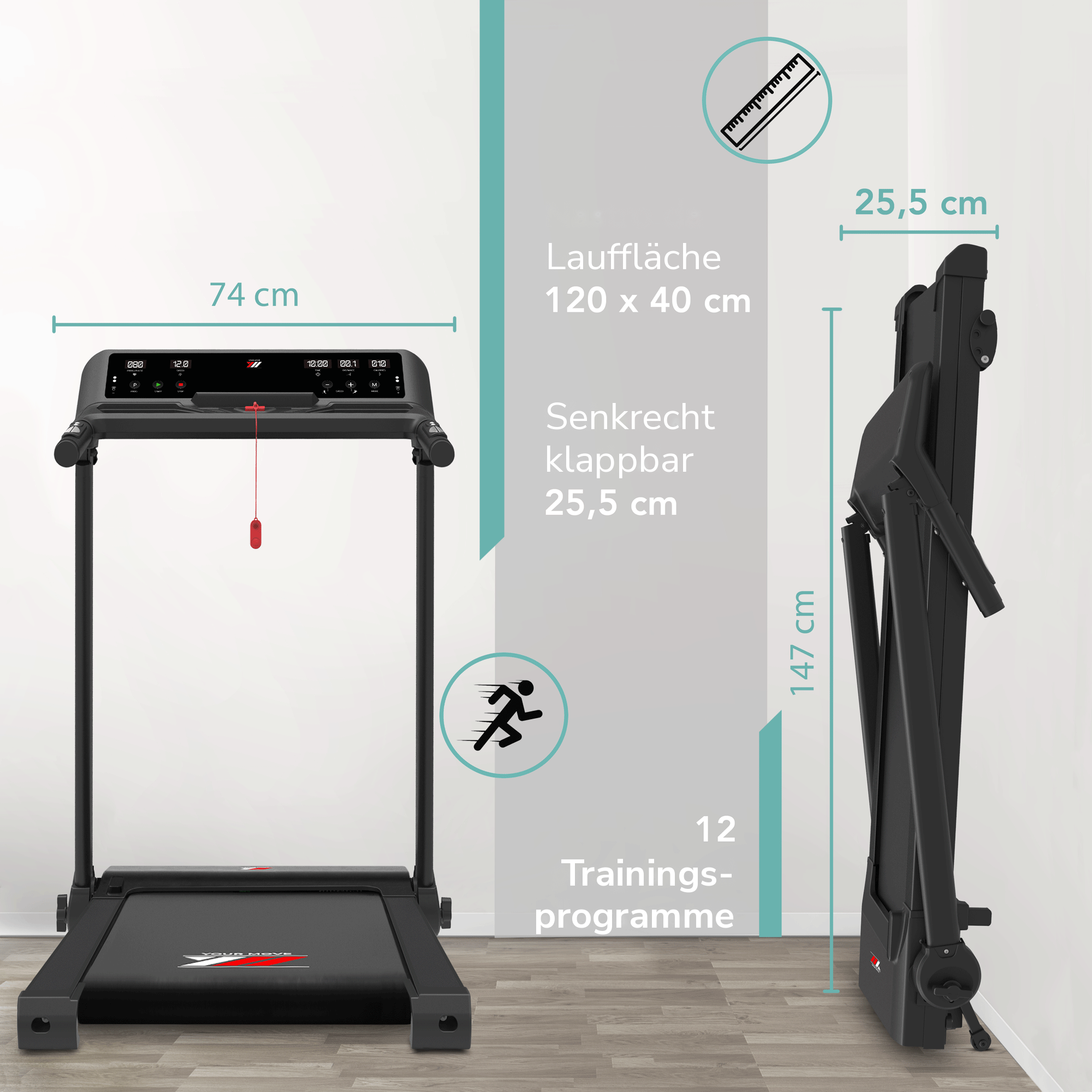 NEXT 4000: Lauffläche 120 x 40 cm, senkrecht klappbar auf 25,5 cm, 12 Trainingsprogramme