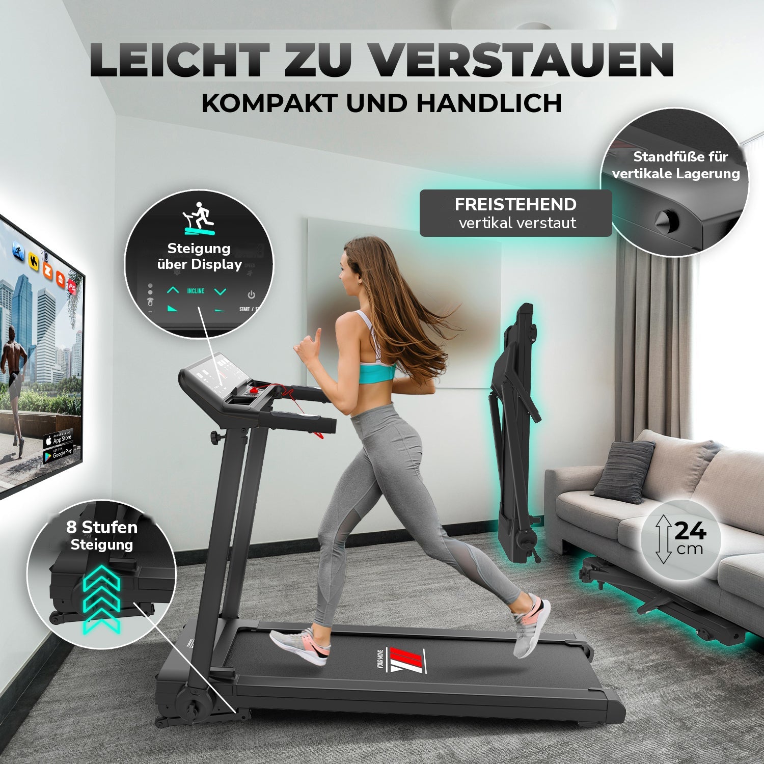 Laufband NEXT 4000 PRO klappbar und freistehend, leicht zu verstauen, 8 Steigungsstufen