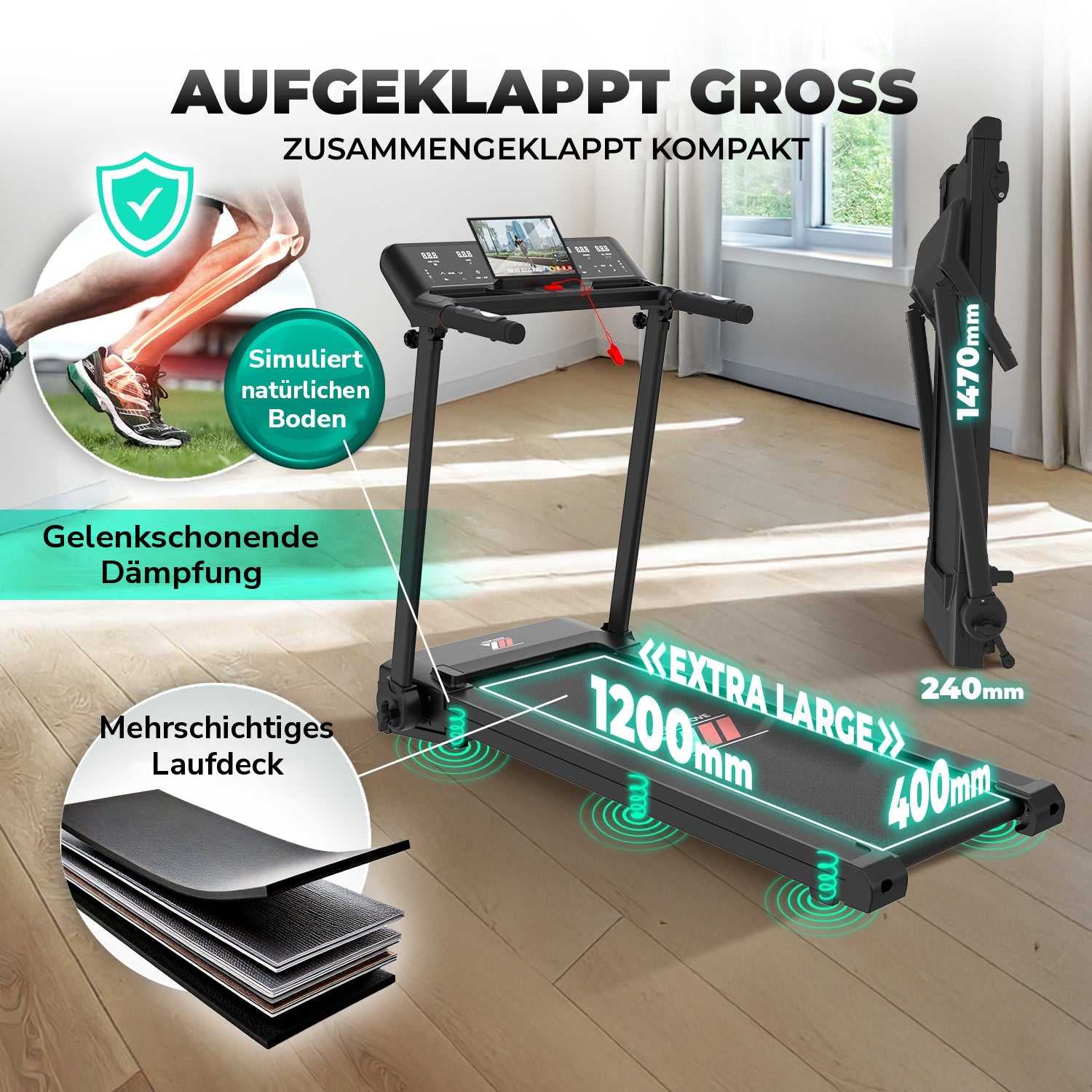 NEXT 4000 PRO: groß im aufgeklappten, kompakt im geklappten Zustand, mehrschichtiger Laufgurt und gelenkschonende Dämpfung