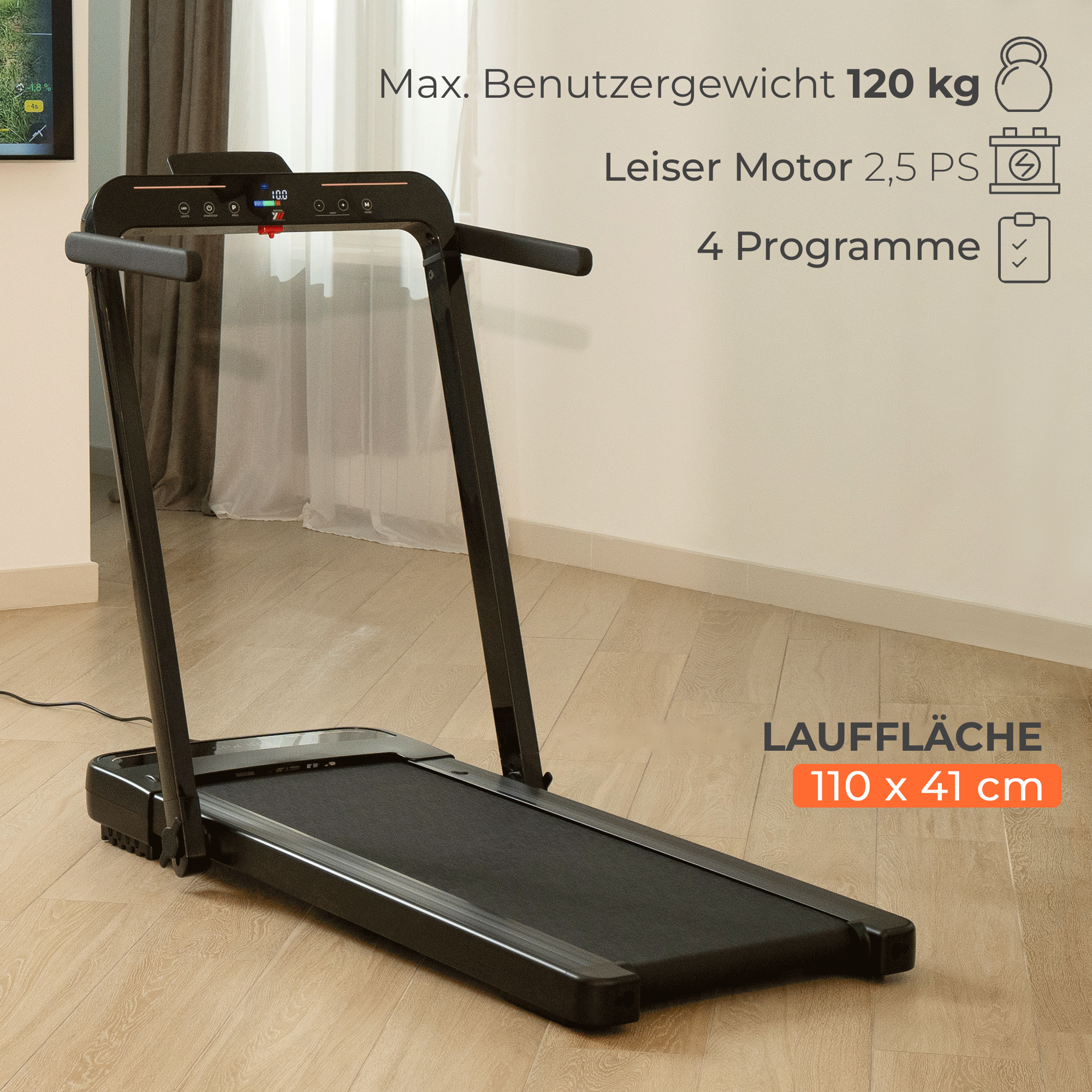 Laufband NEXT 6000, max. Benutzergewicht 120 kg, leiser 2,5-PS-Motor, Lauffläche 110 x 41 cm