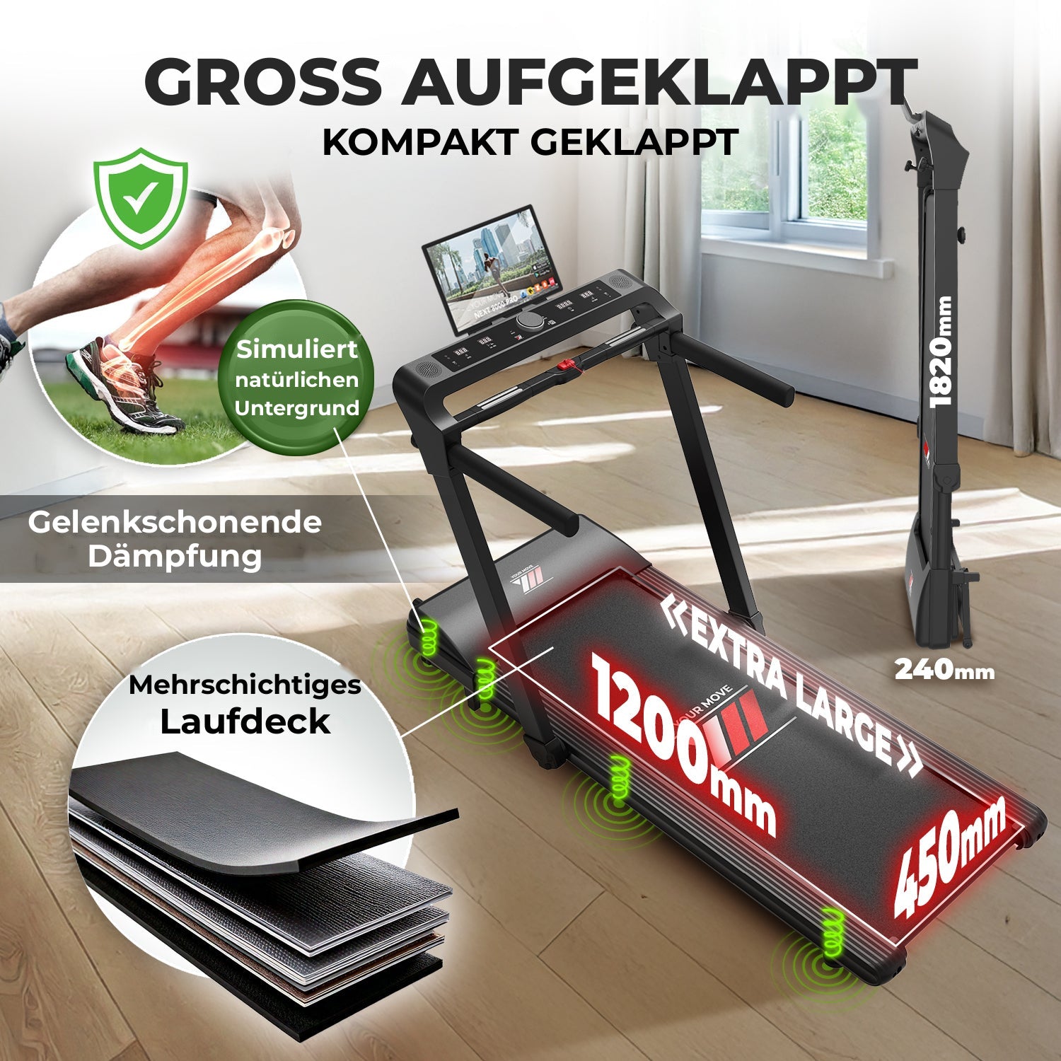 NEXT 8000 PRO aufgeklappt groß, geklappt kompakt, mehrschichtiger Laufgurt und gelenkschonende Dämpfung