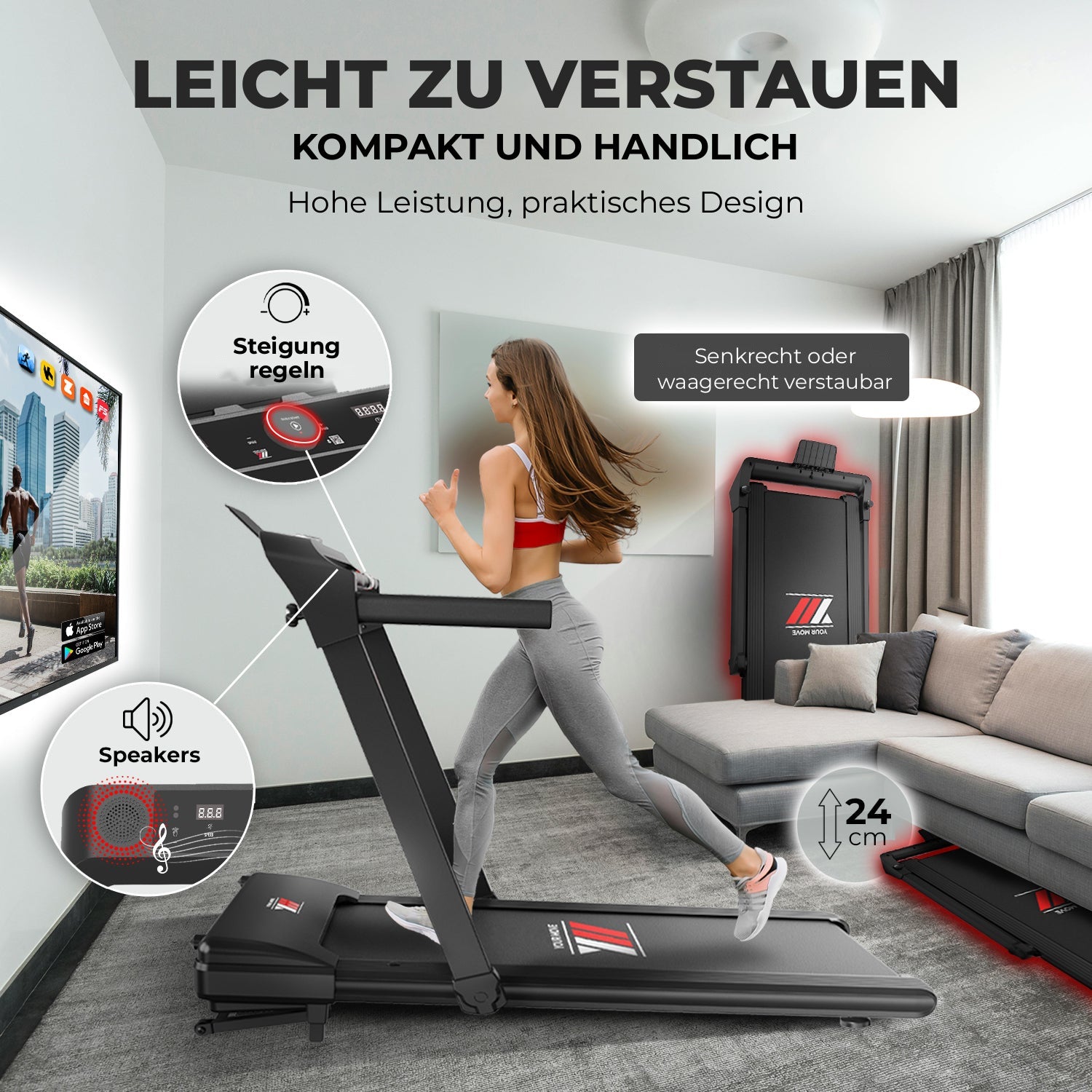 Klappbares Laufband NEXT 8000 PRO, leicht zu verstauen, aufrecht oder liegend