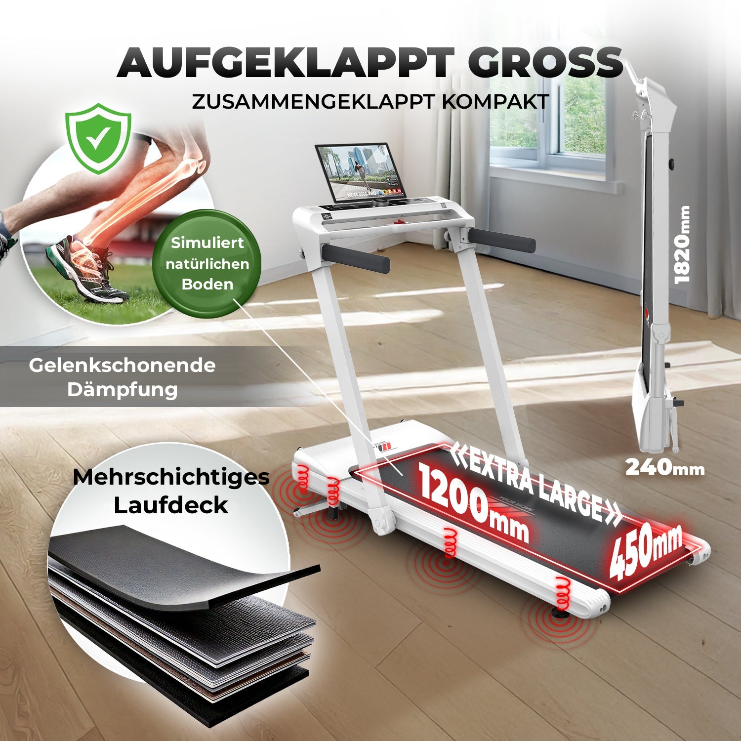 NEXT 8000 PRO: groß im aufgeklappten, kompakt im geklappten Zustand, mehrschichtiger Laufgurt und gelenkschonende Dämpfung