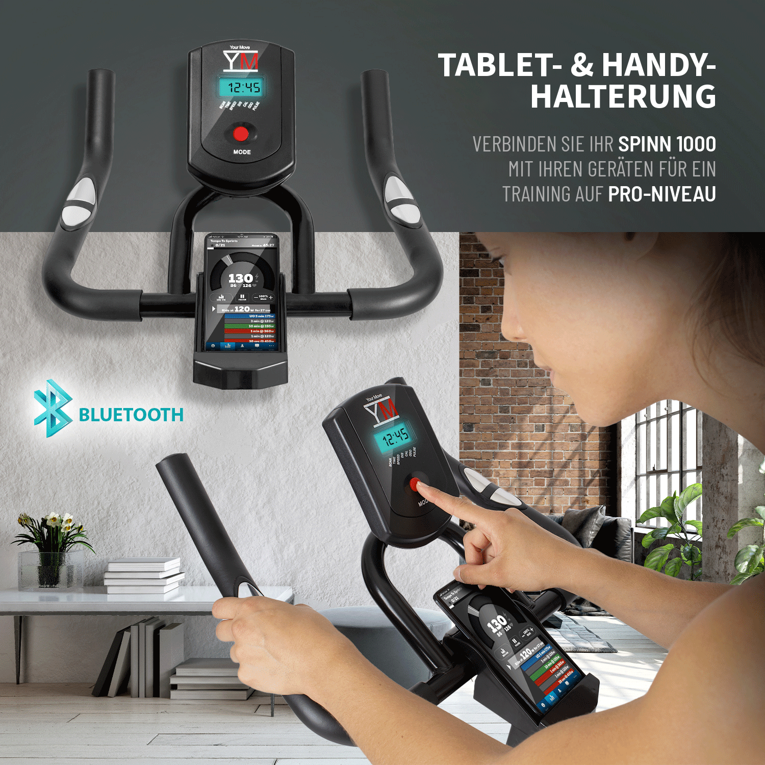 Indoor Cycling Bike Spinn 1000: Tablet- und Handy-Halterung für das Training mit Apps