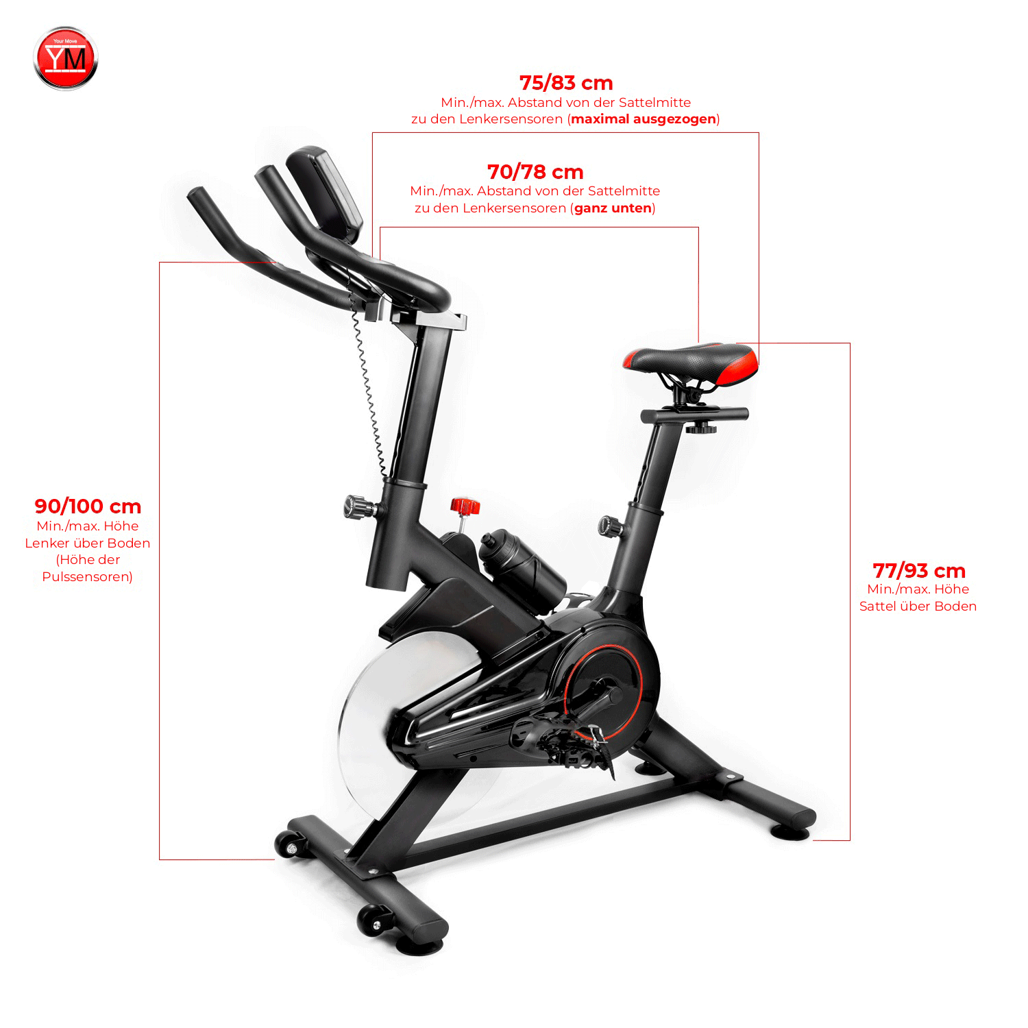 Maße des Indoor Cycling Bike Spinn 1000: Lenkerhöhe 90/100 cm, Sattelhöhe 77/93 cm