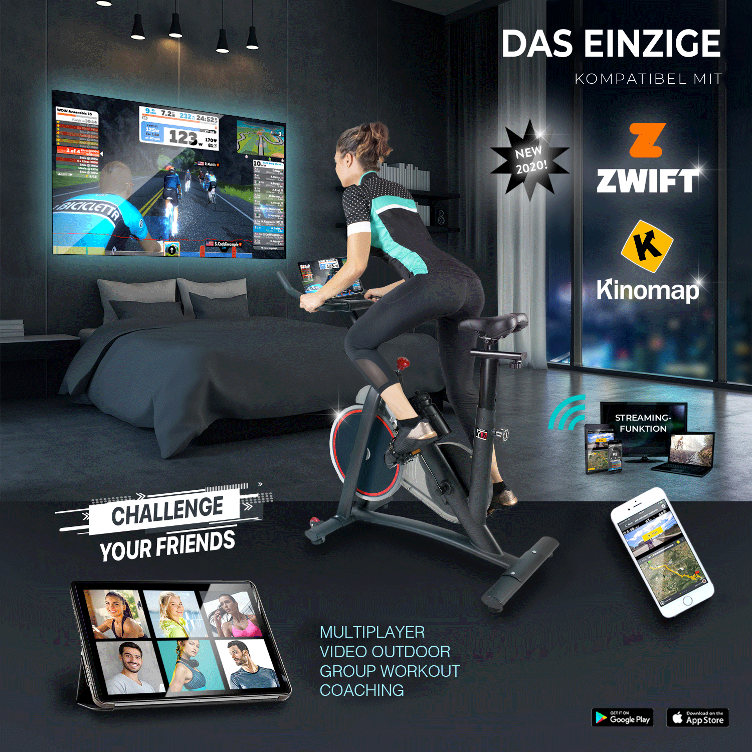 Indoor Cycling Bike Spinn 2000 kompatibel mit Zwift und Kinomap: Multiplayer, Outdoor-Videos, Gruppenkurse und Coaching