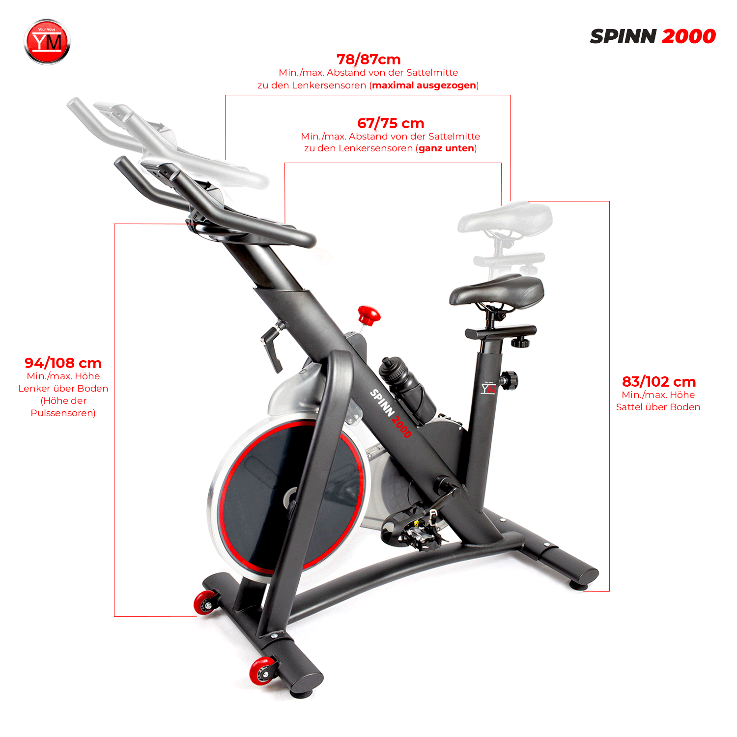 Maße des Indoor Cycling Bike Spinn 2000: Sattel- und Lenkerhöhe, Abstand Sattel-Lenker