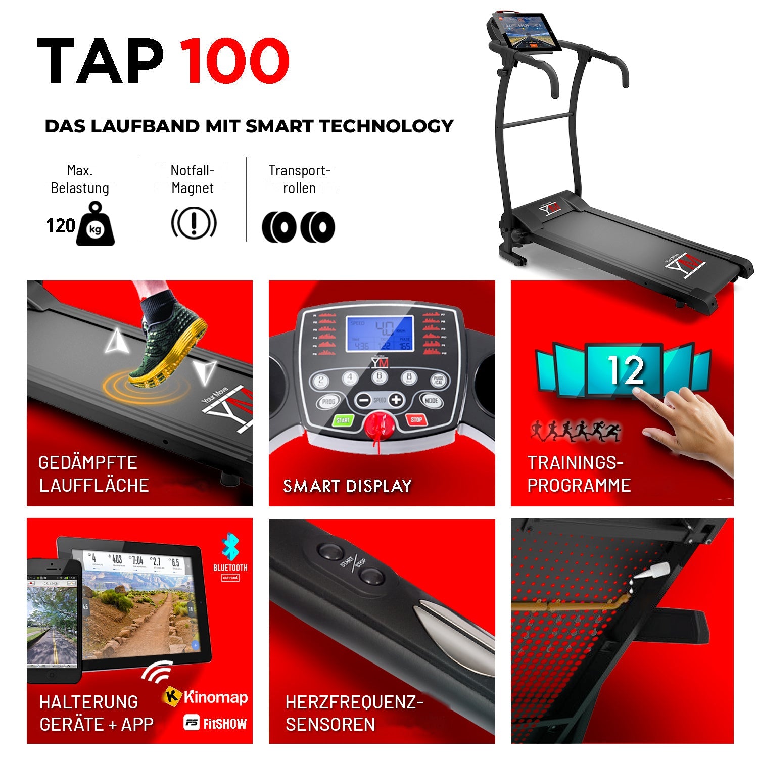 Laufband TAP 100 ST: Smart Technology: Programme, Gerätehalterung, Pulssensoren