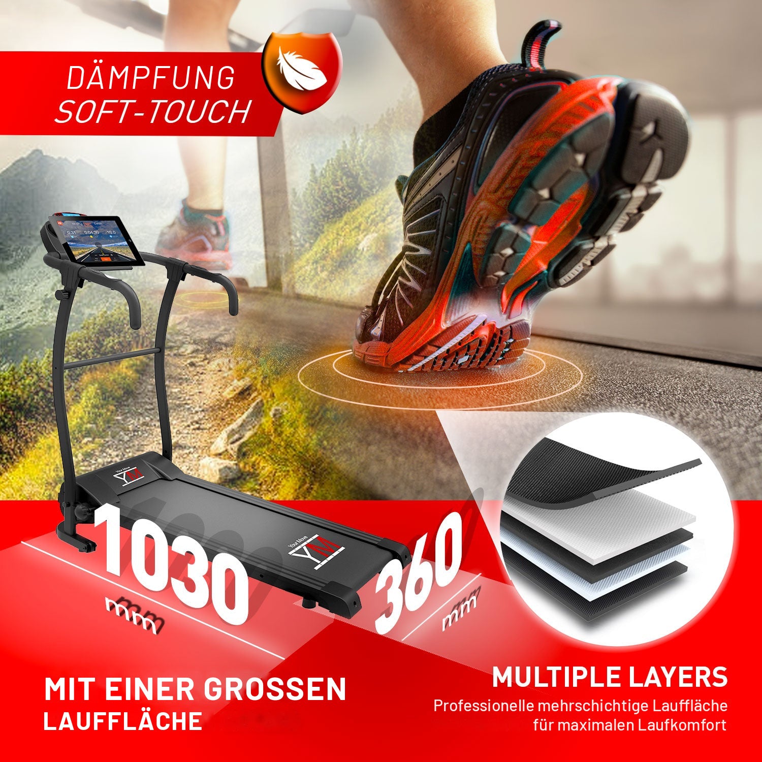 Laufband TAP 100 ST: gedämpfte und große Lauffläche