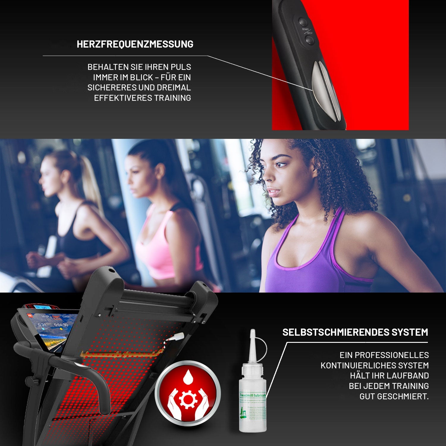 Laufband TAP 100 ST: Pulssensor und selbstschmierendes System