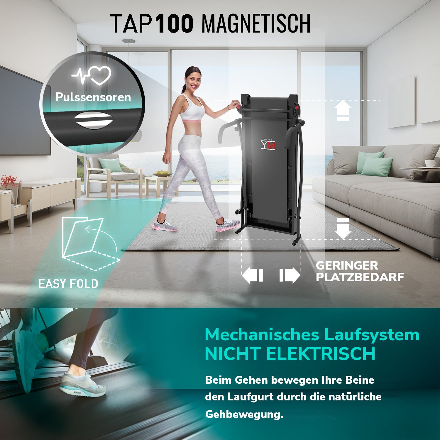 Magnetisches Laufband TAP 100 MAGNETIC: magnetisches System ohne Strom, Pulssensor, geringer Platzbedarf
