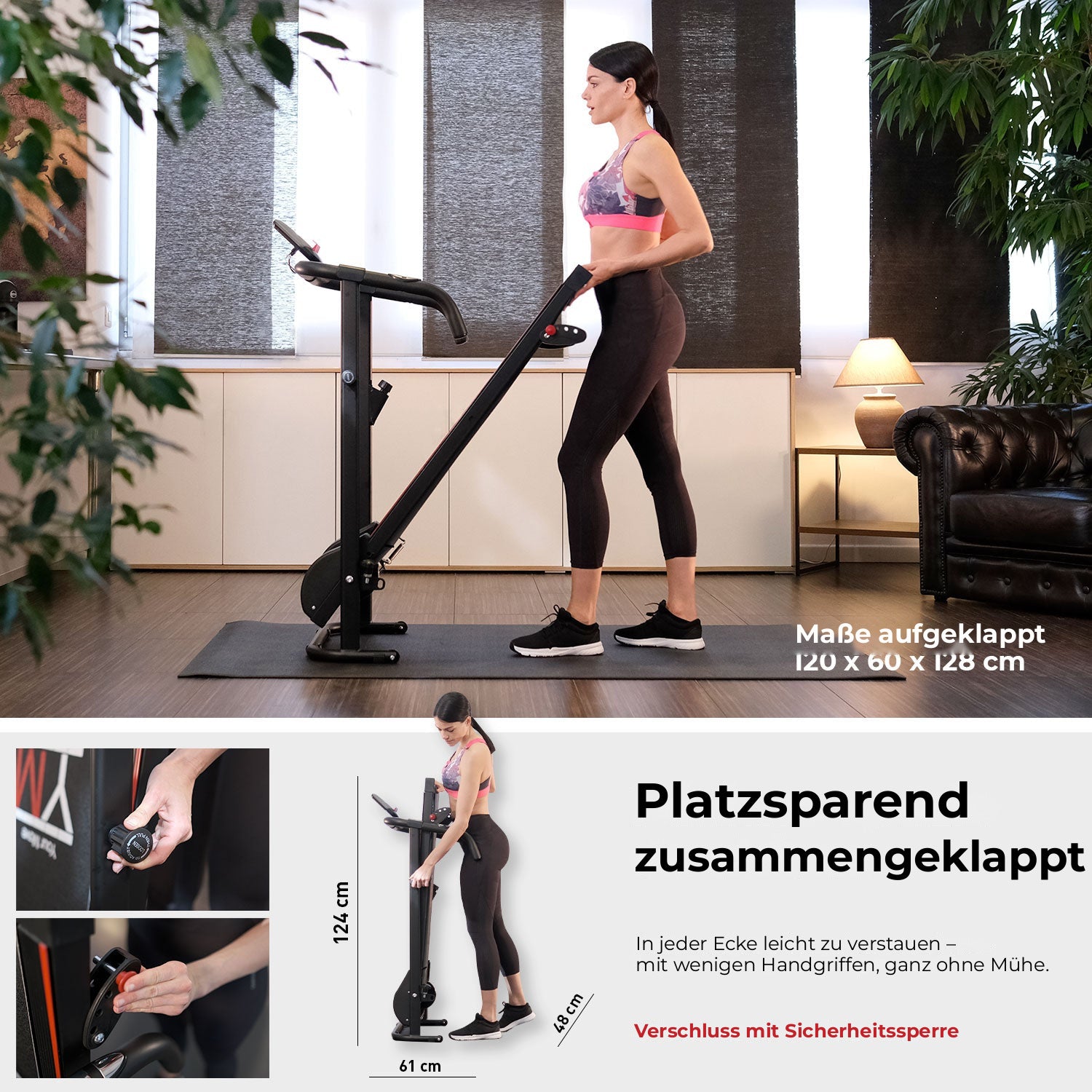 Magnetisches Laufband TAP 100 MAGNETIC: Maße aufgeklappt und platzsparend geklappt