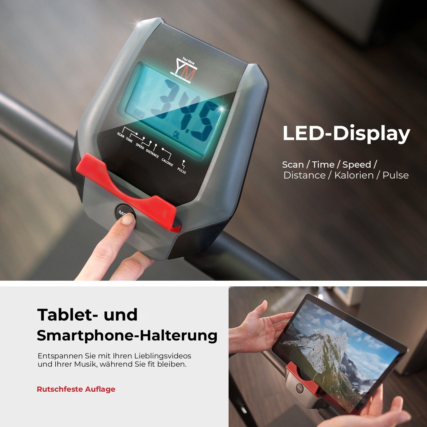 Magnetisches Laufband TAP 100 MAGNETIC: LED-Display sowie Tablet- und Smartphone-Halterung
