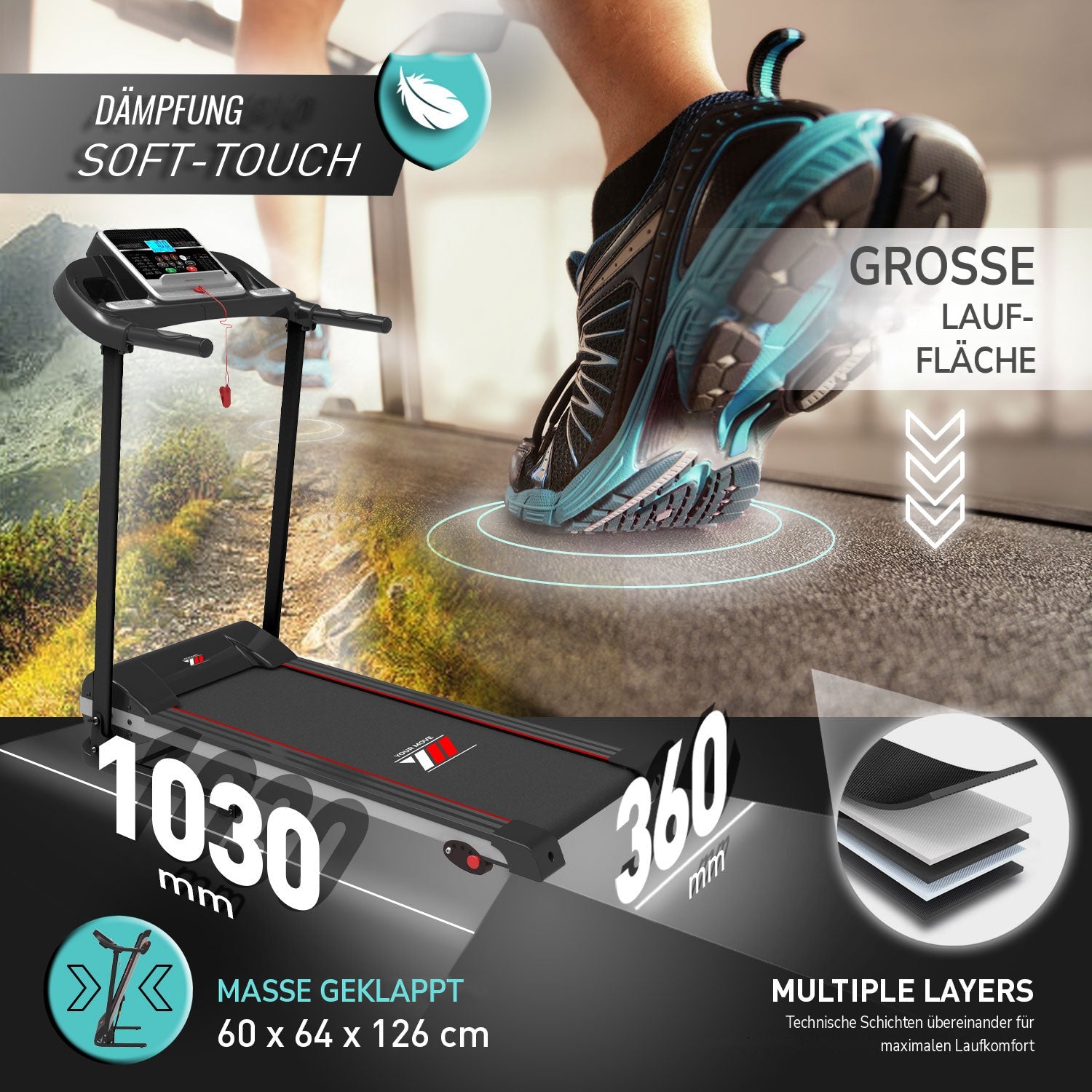 Laufband TAP 100 PLATINUM: gedämpfte, große Lauffläche, Maße geklappt