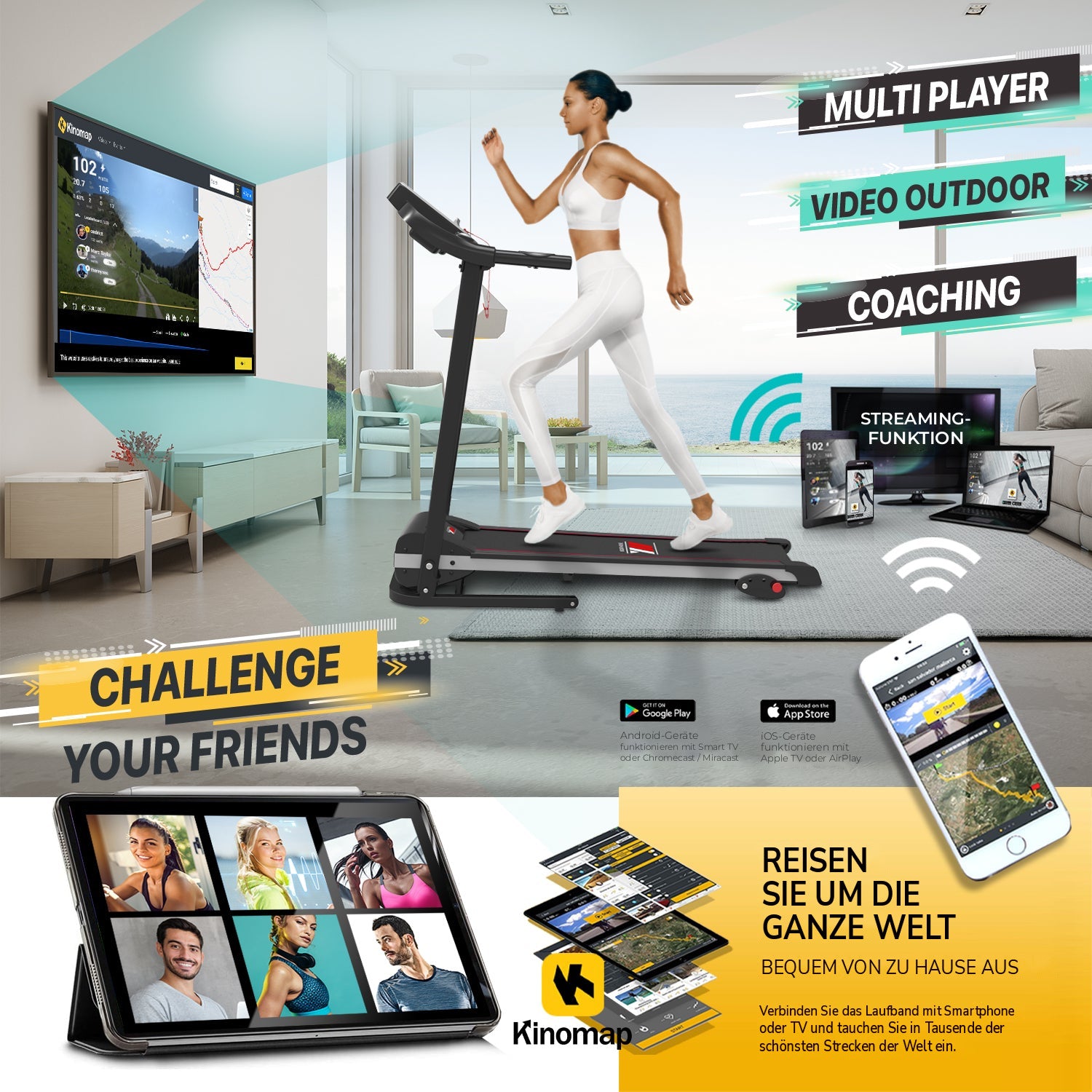 Laufband TAP 100 PLATINUM: Streaming-Funktion und Apps, reisen Sie von zu Hause aus um die ganze Welt