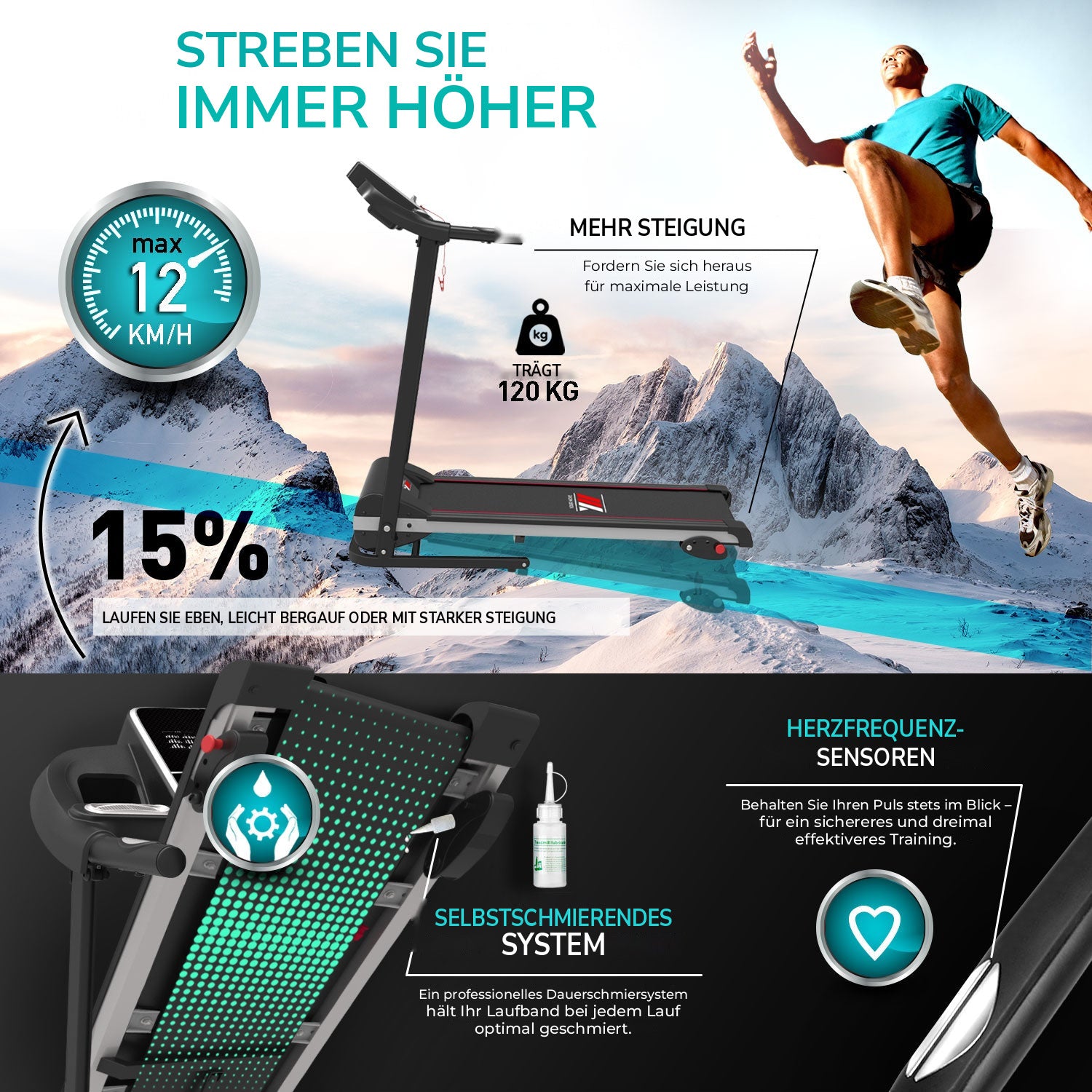Laufband TAP 100 PLATINUM: Steigung, trägt 120 kg, Pulssensoren, selbstschmierendes System