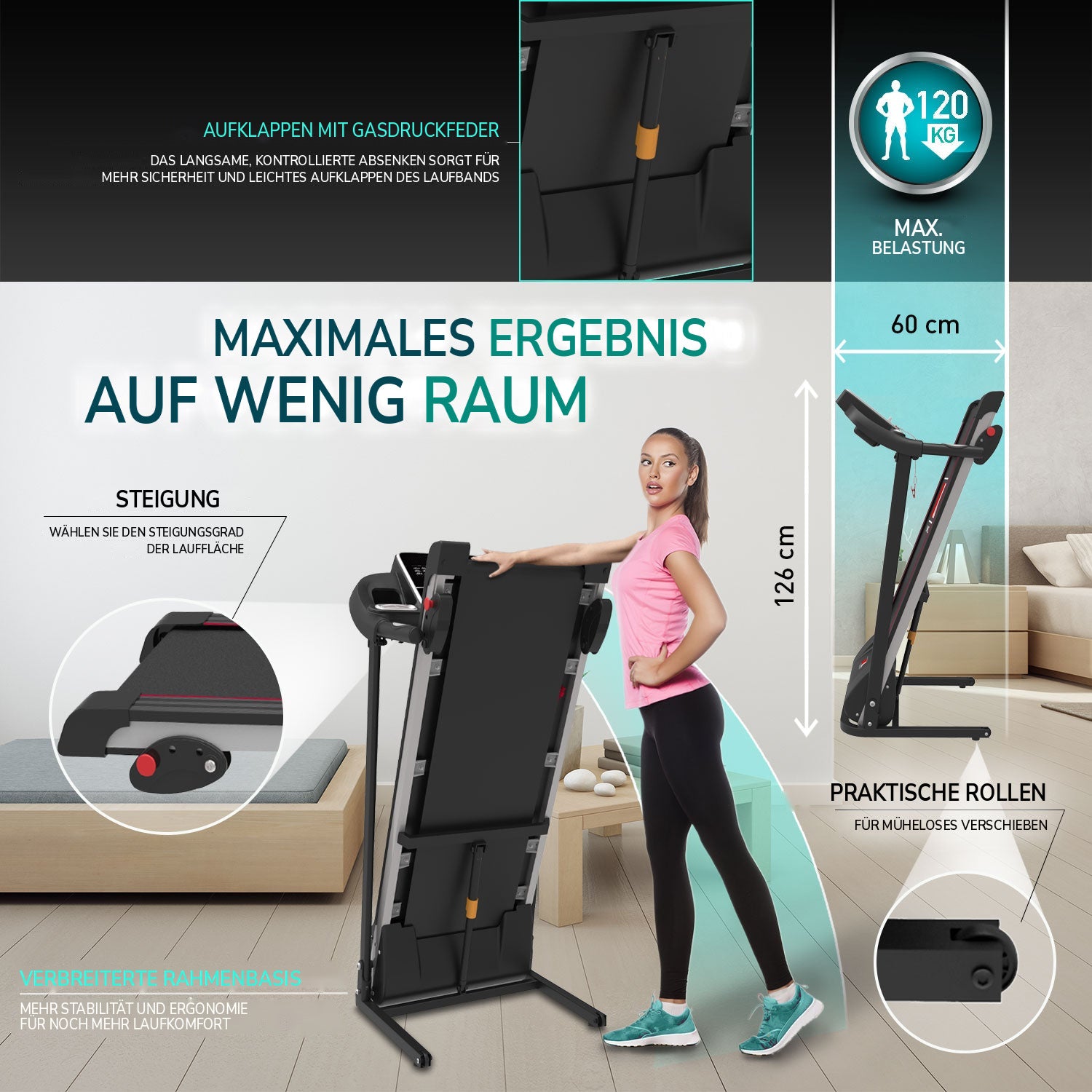 Laufband TAP 100 PLATINUM: Öffnen per Gasdruckfeder, max. Belastung, Steigung, Rollen, verbreiterter Rahmen