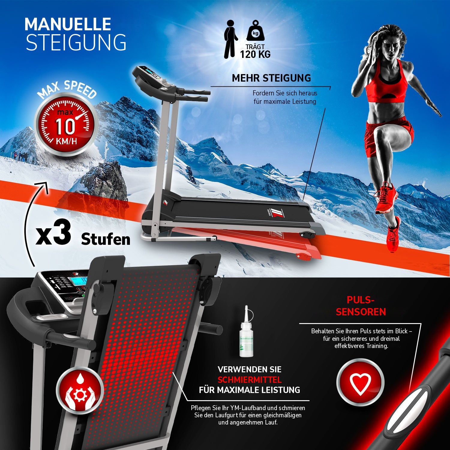 Laufband TAP 100 SPKR: manuelle Steigung, Pulssensoren, Schmiermittel