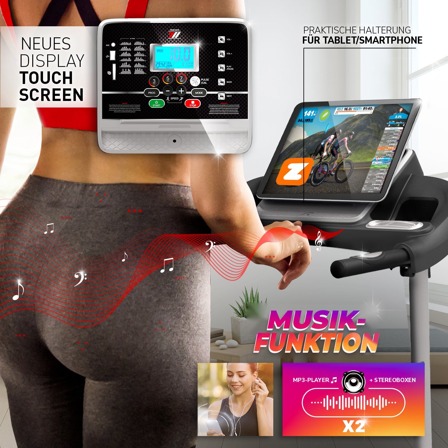 Laufband TAP 100 SPKR: neues Display, Tablet-Halterung, Musikfunktion mit Stereolautsprechern