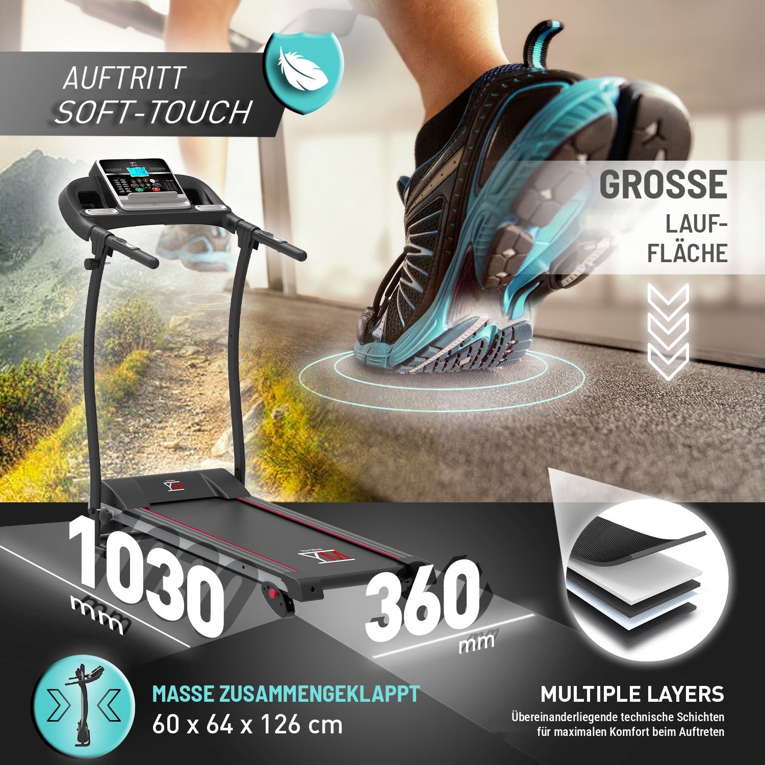 TAP 100 APP: Soft-Touch-Auftritt, große mehrschichtige Lauffläche, Maße zusammengeklappt