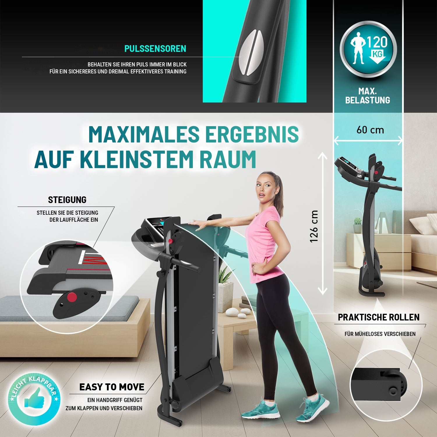 TAP 100 APP klappbar: maximales Ergebnis auf kleinstem Raum, Pulssensoren, Steigung und Transportrollen