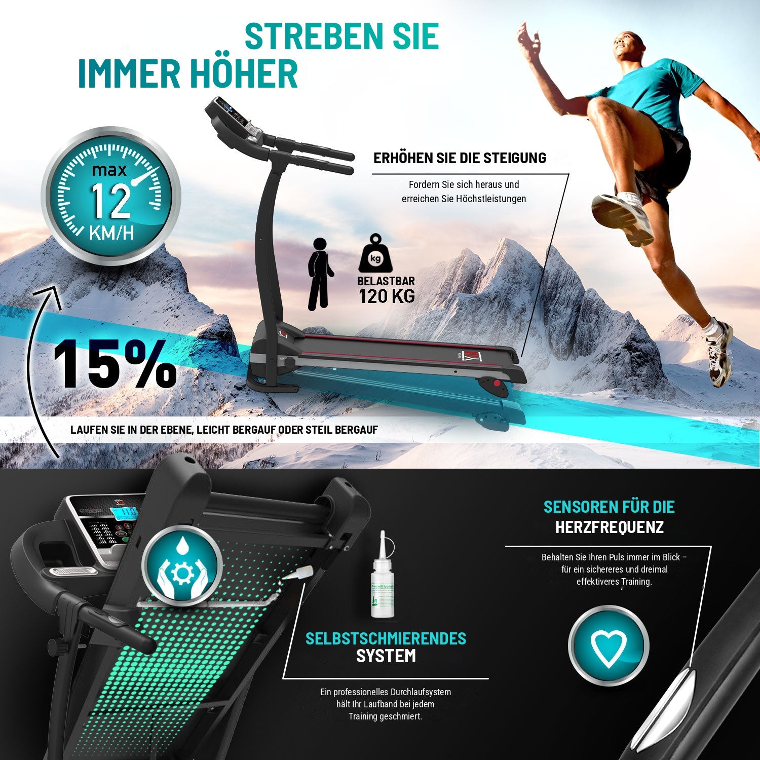 TAP 100 APP: Steigung 15 %, bis 12 km/h, max. 120 kg, Pulssensoren und Schmiersystem