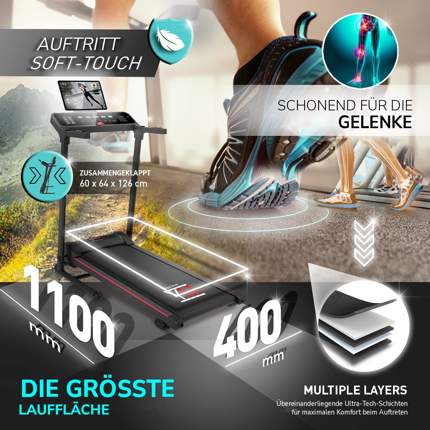 Laufband TAP 120: gedämpfte Lauffläche, Maße geklappt, große Lauffläche