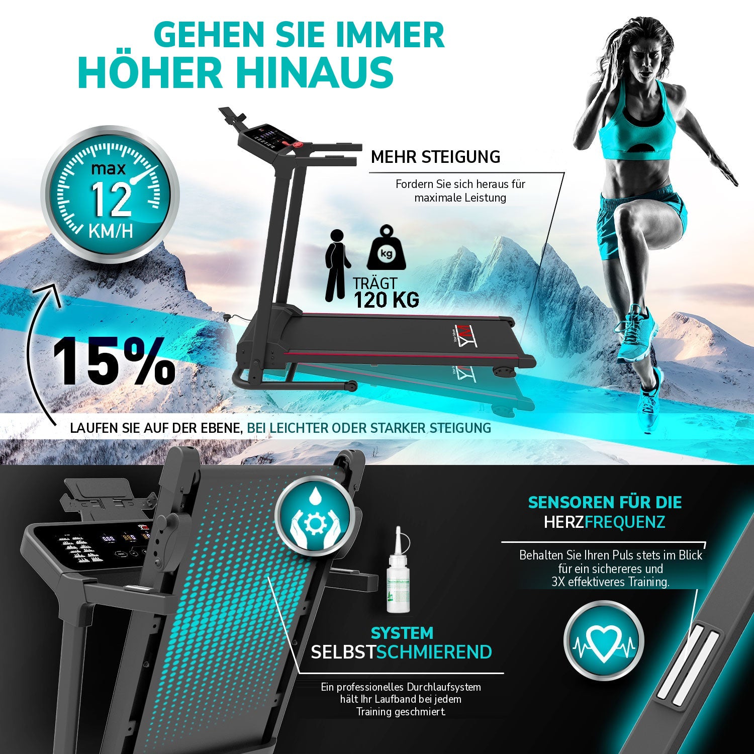 Laufband TAP 120: Steigung, Pulssensoren und selbstschmierendes System
