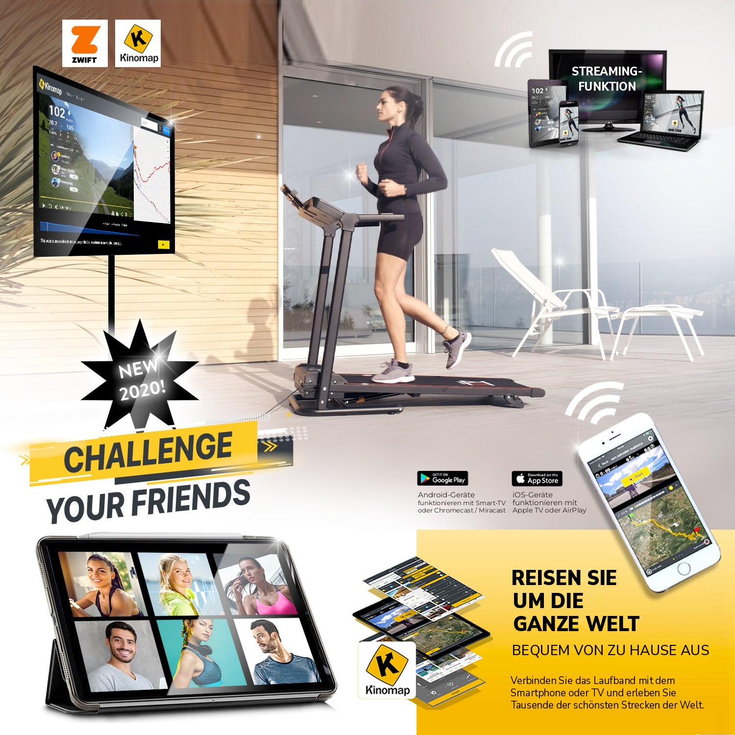Laufband TAP 120: Streaming-Funktion und Apps, reisen Sie von zu Hause aus um die ganze Welt