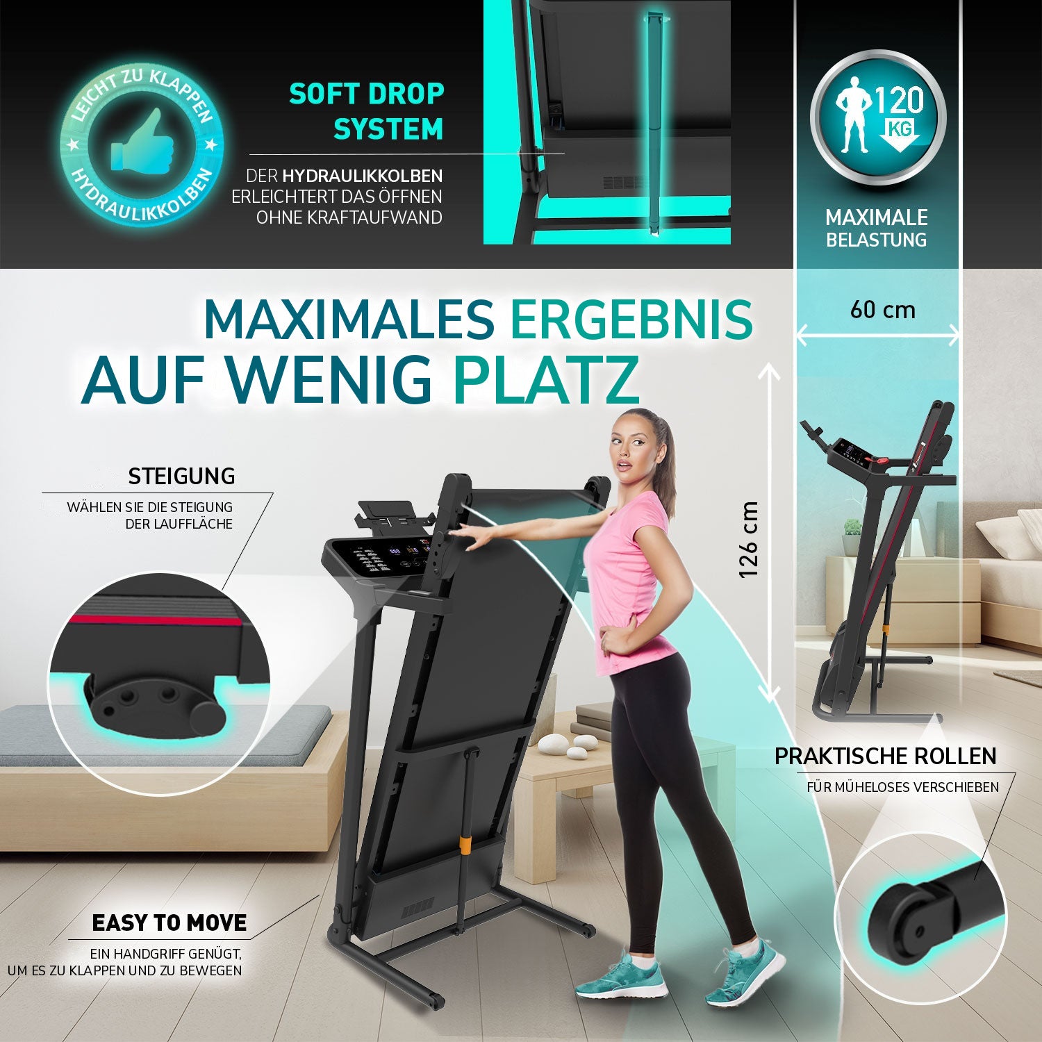 Laufband TAP 120: Hydraulikkolben, maximale Belastung, Steigung, praktische Rollen