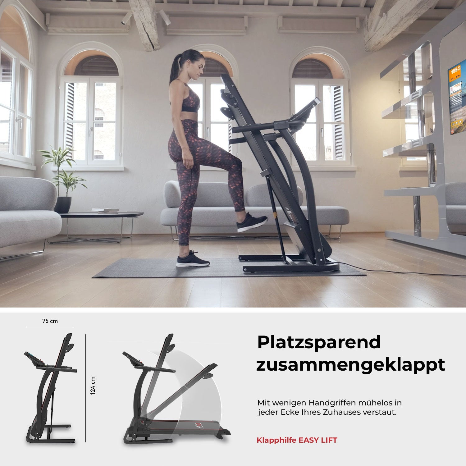 Laufband TAP 140 Your Move klappbar: platzsparend zusammengeklappt, Klapphilfe EASY LIFT, 75 x 124 cm