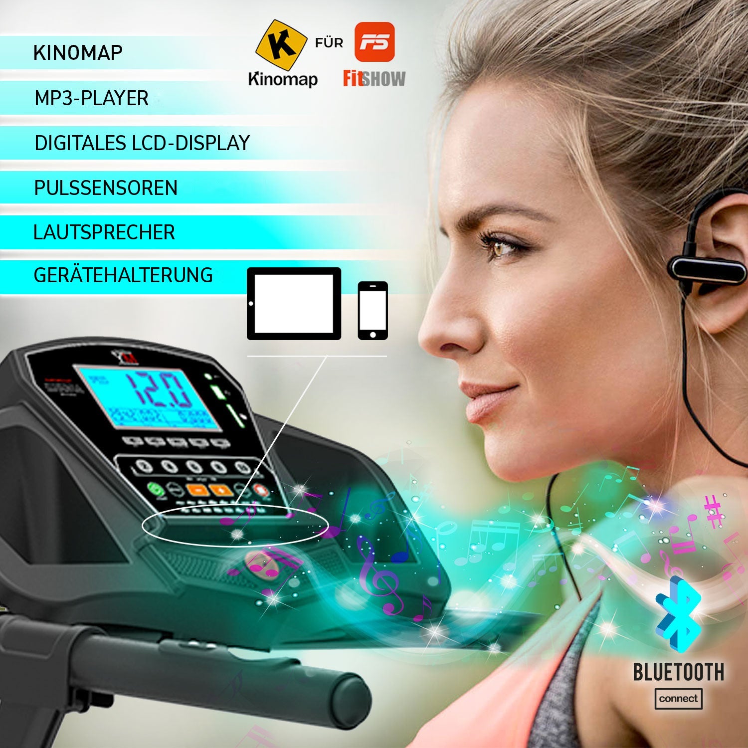 Laufband TAP 140 Your Move: Kinomap für FitShow, MP3-Player, digitales LCD-Display, Pulssensoren, Lautsprecher, Gerätehalterung, Bluetooth