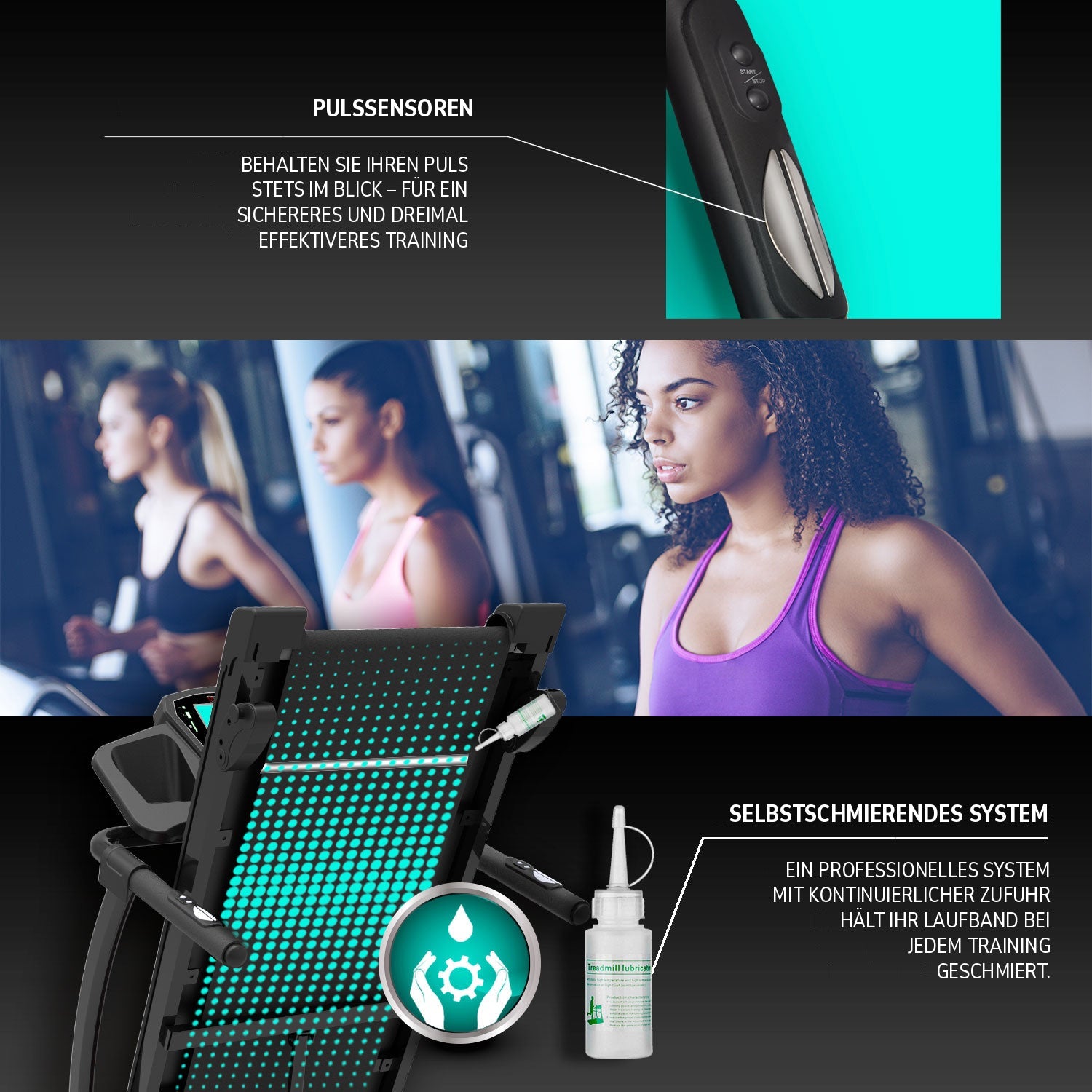 Laufband TAP 140 Your Move: Pulssensoren am Griff und selbstschmierendes System