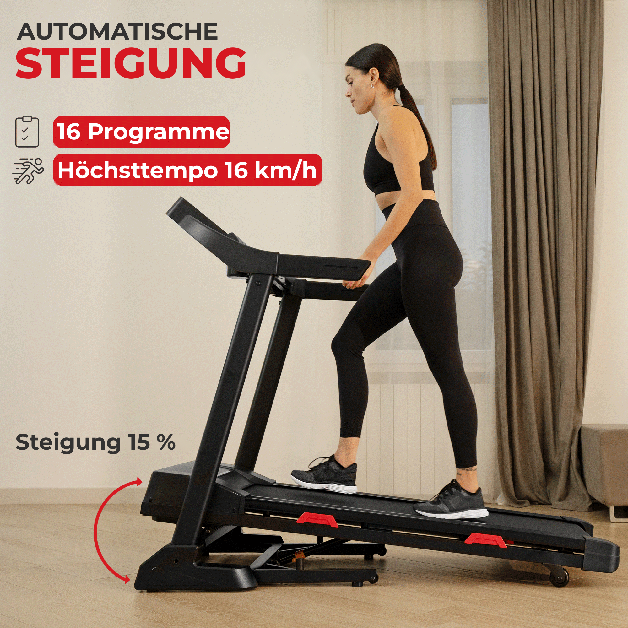 Laufband TAP 160: automatische Steigung 15 %, 16 Programme, max. Geschwindigkeit 16 km/h