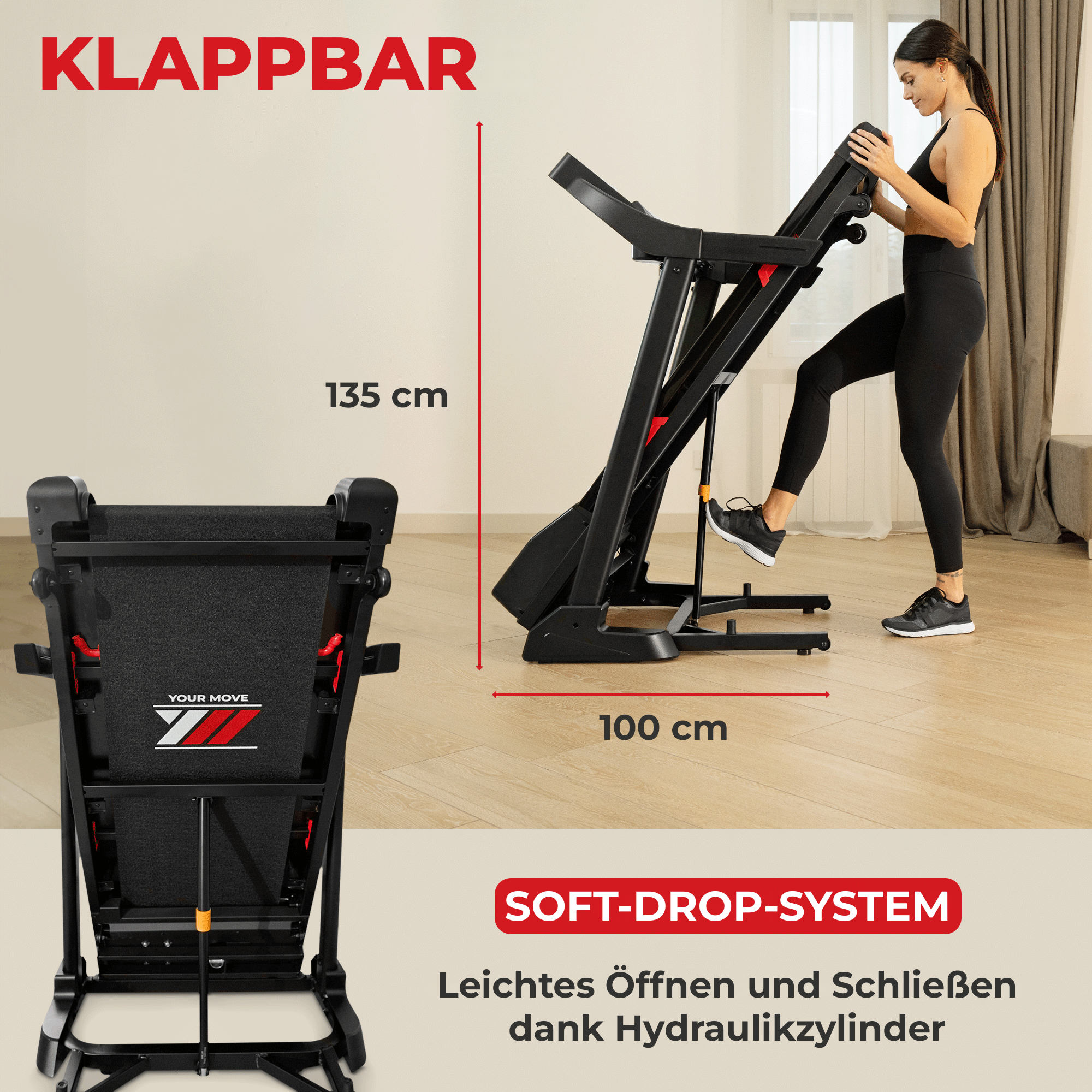 Klappbares Laufband TAP 160 mit Soft-Drop-System und Hydraulikzylinder