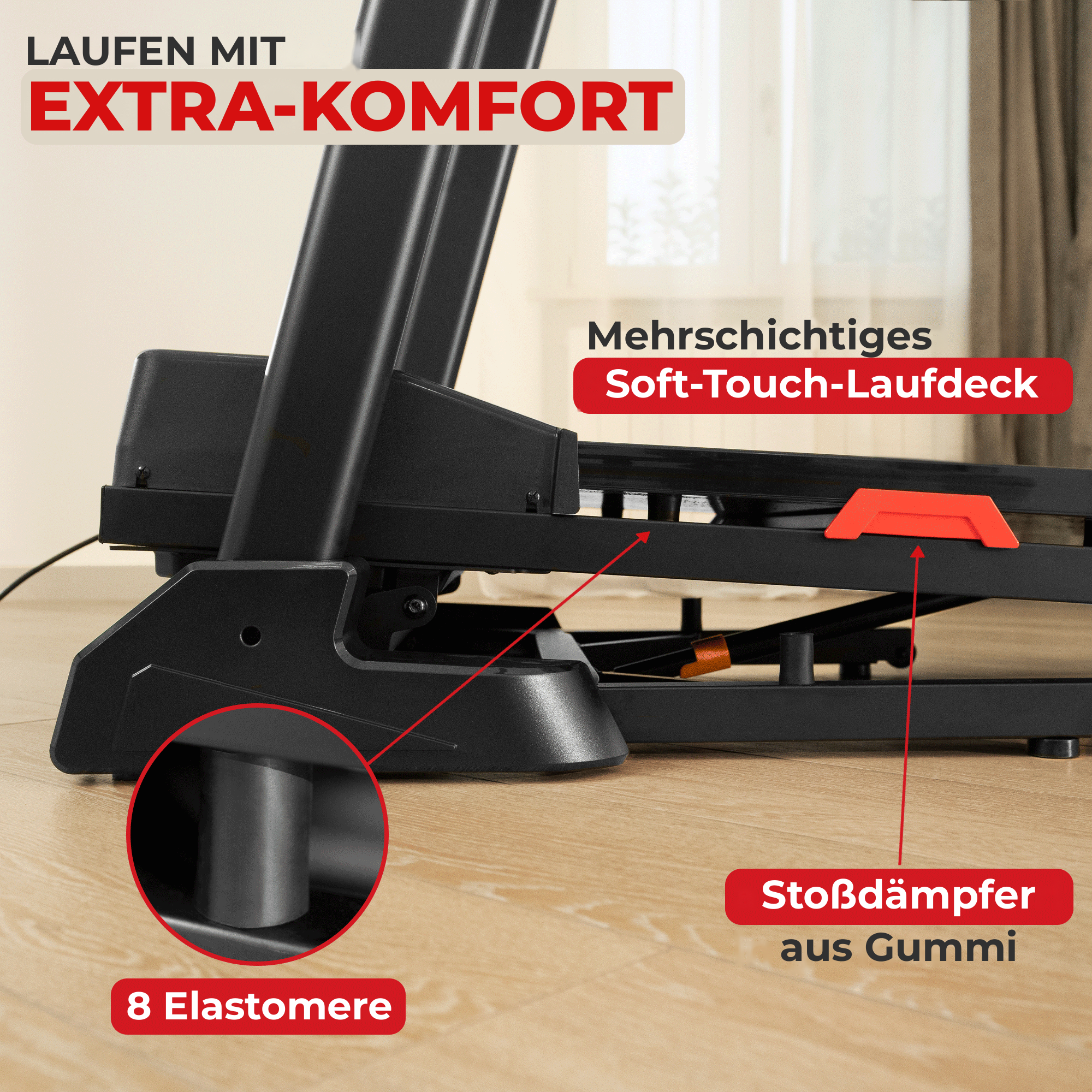 Laufband TAP 160: mehrschichtiges Soft-Touch-Laufdeck, 8 Elastomere und Stoßdämpfer aus Gummi