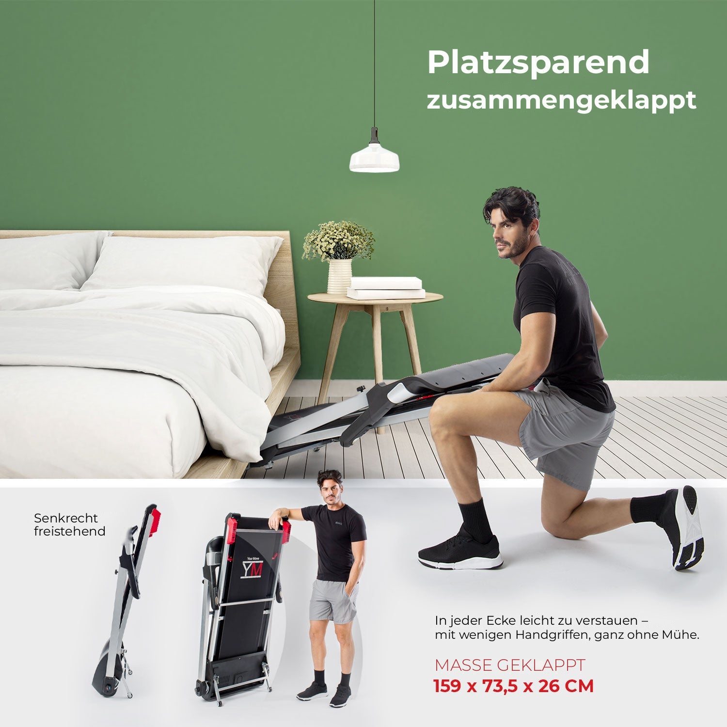 Klappbares, freistehendes Laufband TAP 160 PRO, Maße geklappt 159 x 73,5 x 26 cm