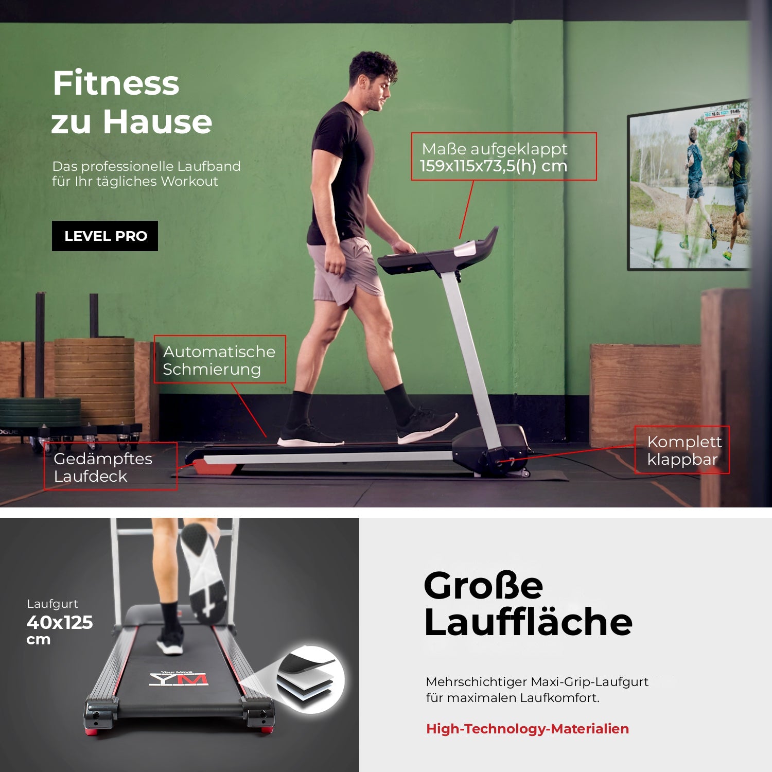 Professionelles Laufband TAP 160 PRO: automatische Schmierung, gedämpftes Laufdeck, Laufgurt 40 x 125 cm