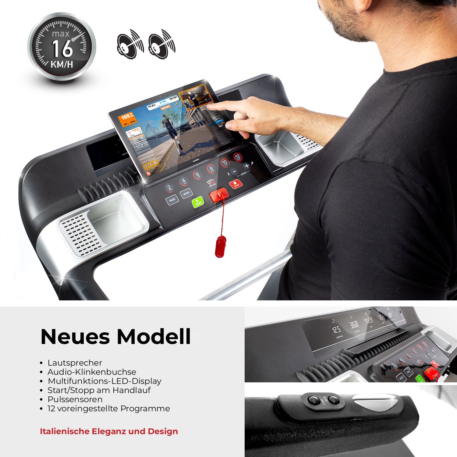 TAP 160 PRO neues Modell: Lautsprecher, Multifunktions-LED-Display, Pulssensoren, 12 Programme, max. Geschwindigkeit 16 km/h