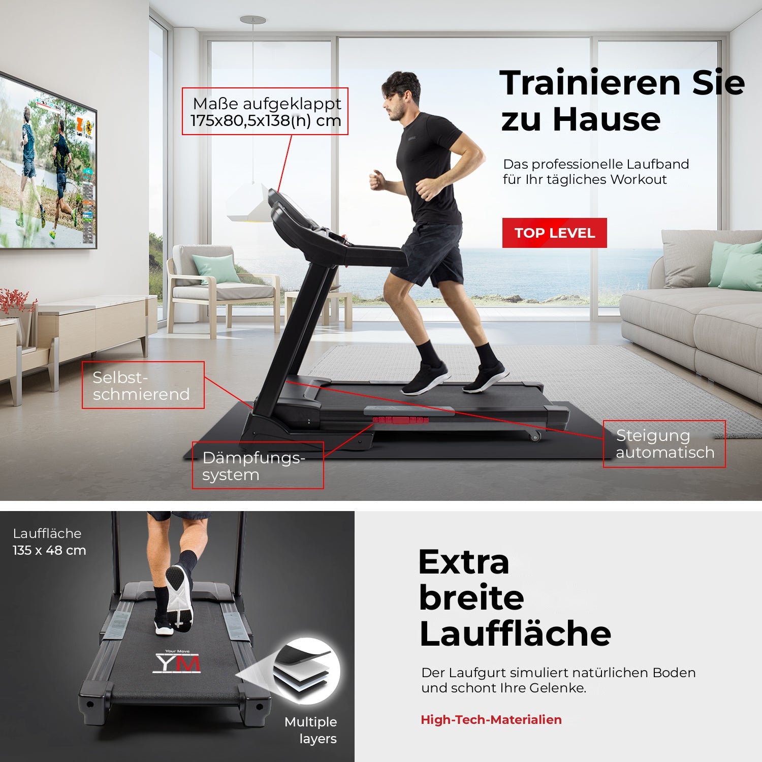 Professionelles Laufband Your Move TAP 180 PRO: automatische Steigung, Dämpfungssystem, selbstschmierend, Lauffläche 135 x 48 cm