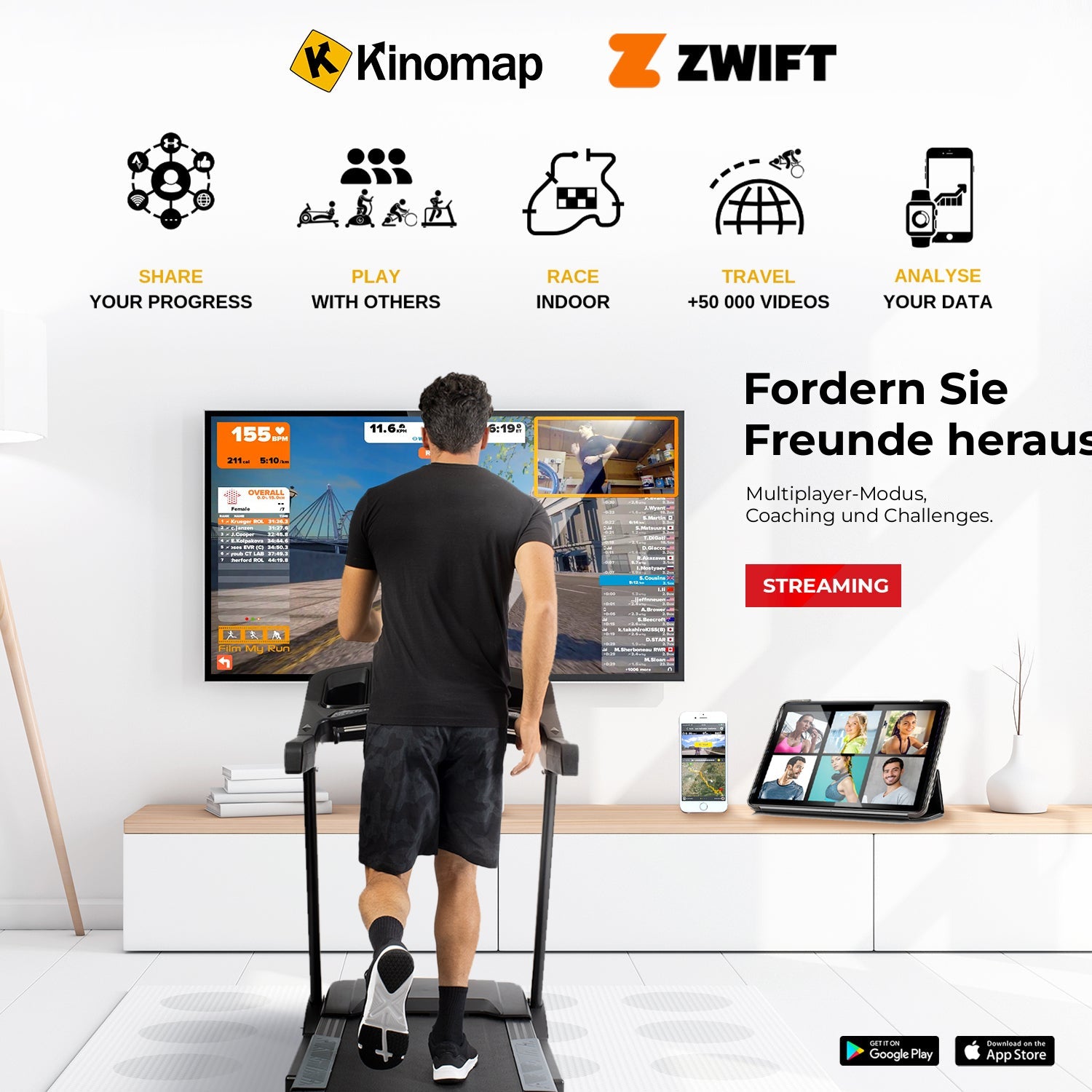 TAP 180 PRO kompatibel mit Kinomap und Zwift: Fordern Sie Freunde im Multiplayer-Modus heraus, Streaming-Funktion