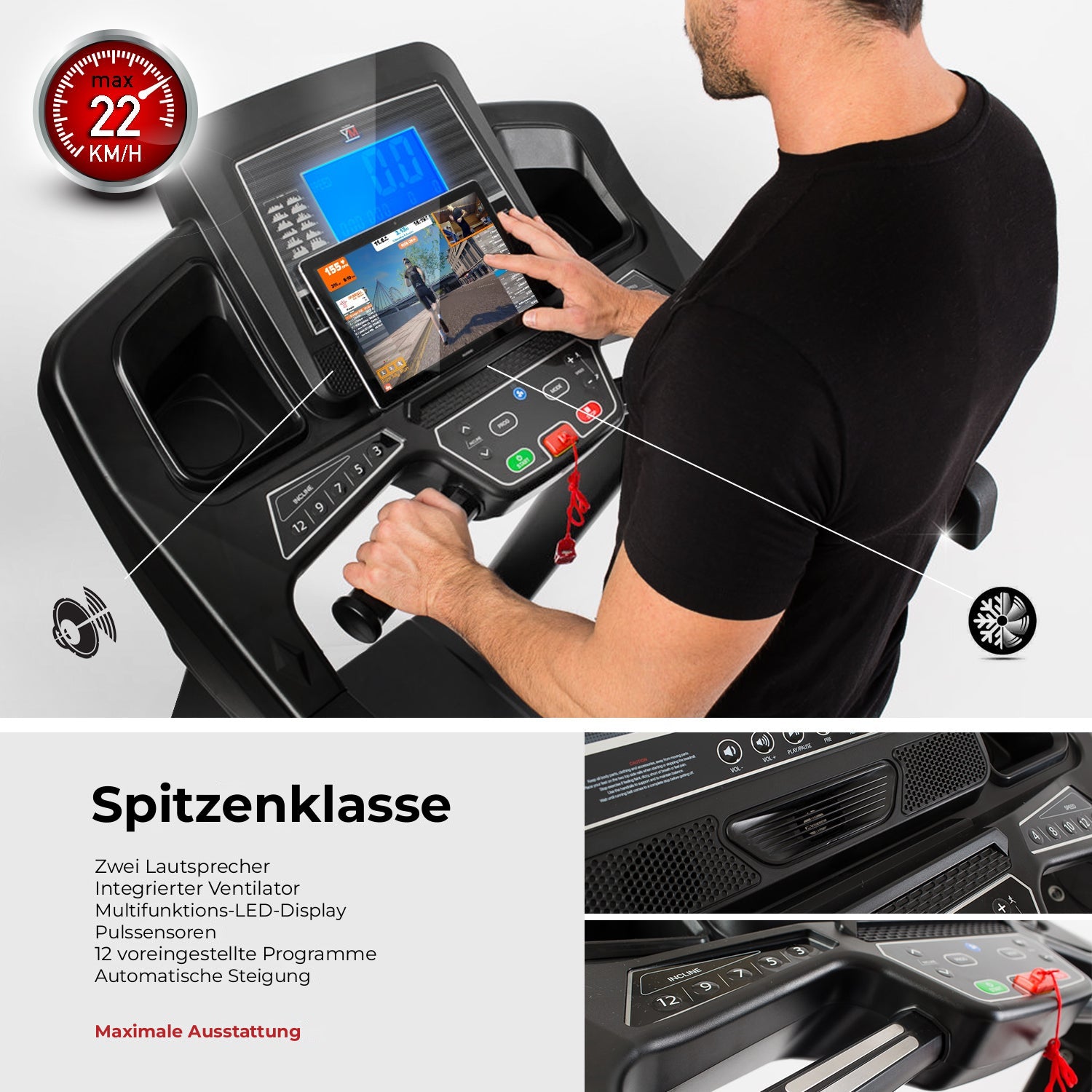 TAP 180 PRO Spitzenklasse: zwei Lautsprecher, integrierter Ventilator, LED-Display, 12 Programme, automatische Steigung, 22 km/h