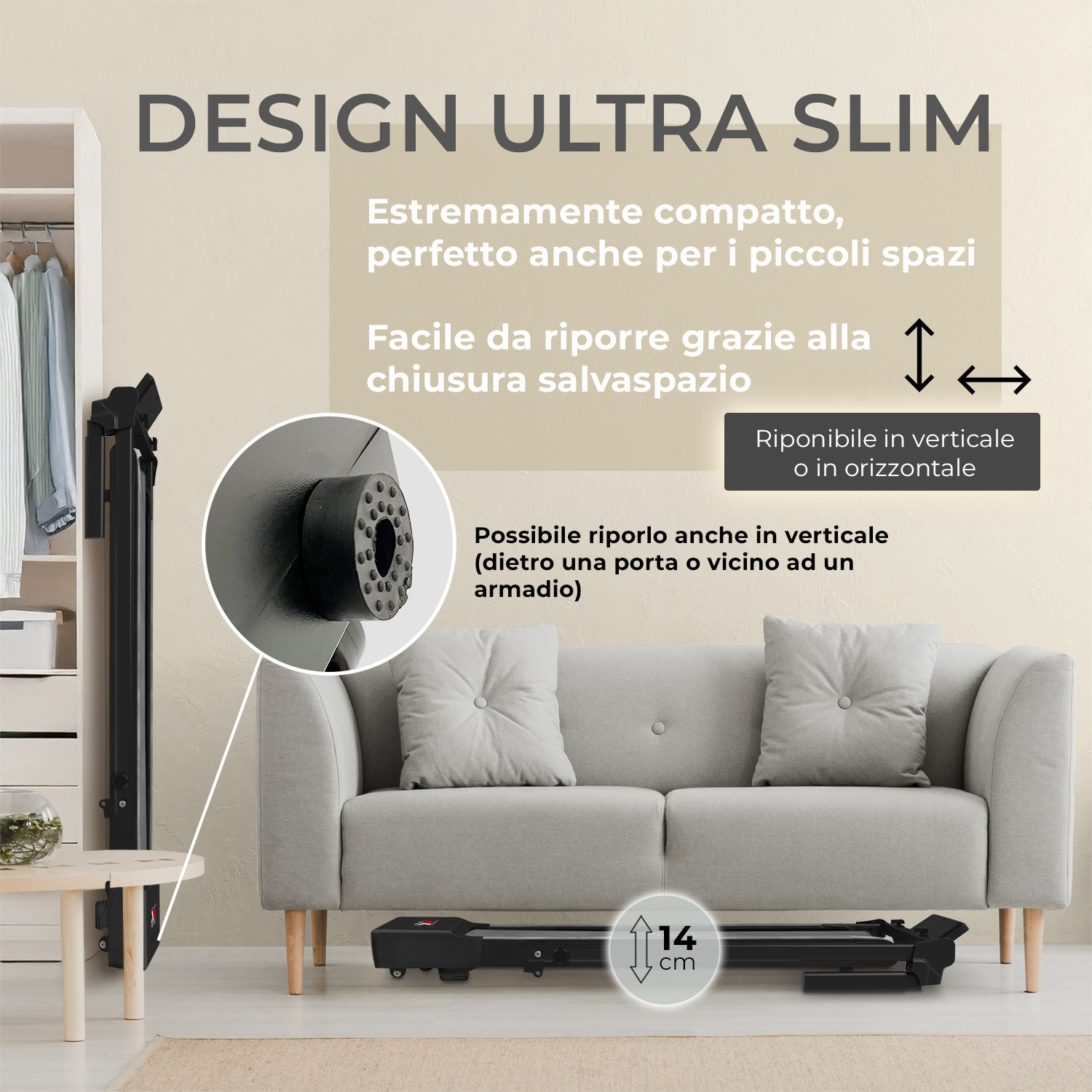 Tapis roulant YM TD 500 EVO ultra slim da 14 cm riposto sotto il divano o in verticale