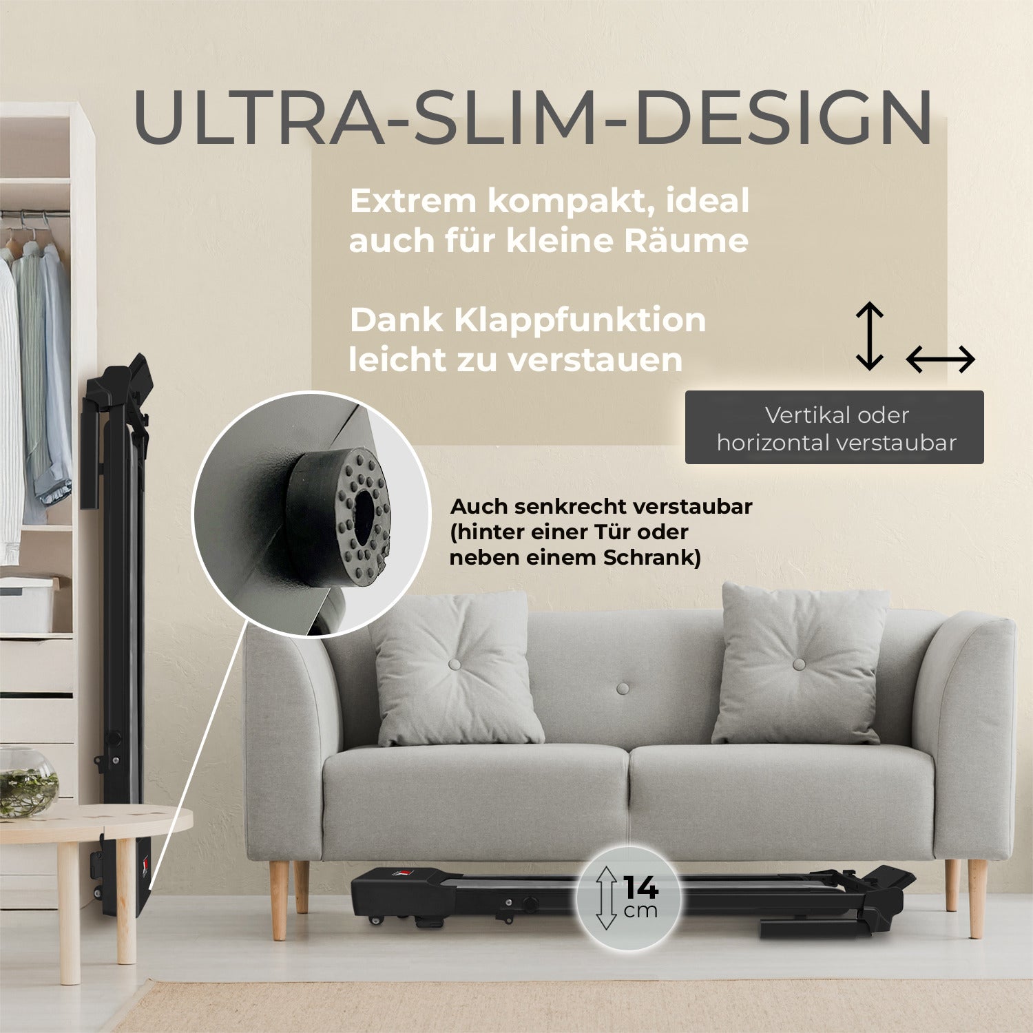 Ultraflaches Laufband YM TD 500 EVO, 14 cm hoch, unter dem Sofa oder senkrecht verstaut