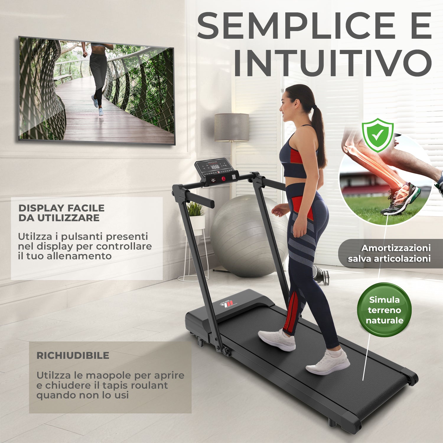 Donna che cammina sul tapis roulant YM TD 500 EVO: display facile da usare e maniglie per richiuderlo