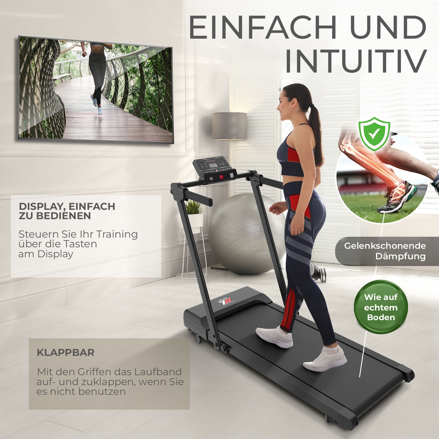 Frau geht auf dem Laufband YM TD 500 EVO: einfach bedienbares Display und Griffe zum Zusammenklappen