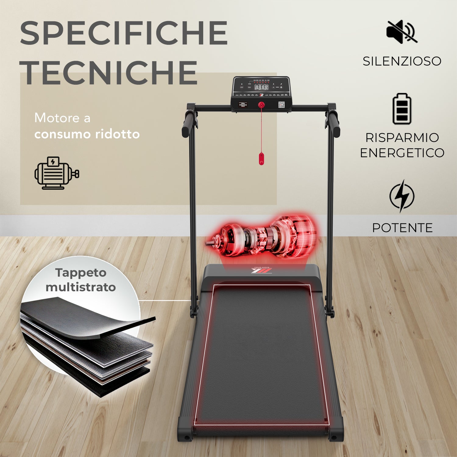 Specifiche tecniche del tapis roulant YM TD 500 EVO: motore silenzioso a consumo ridotto e tappeto multistrato