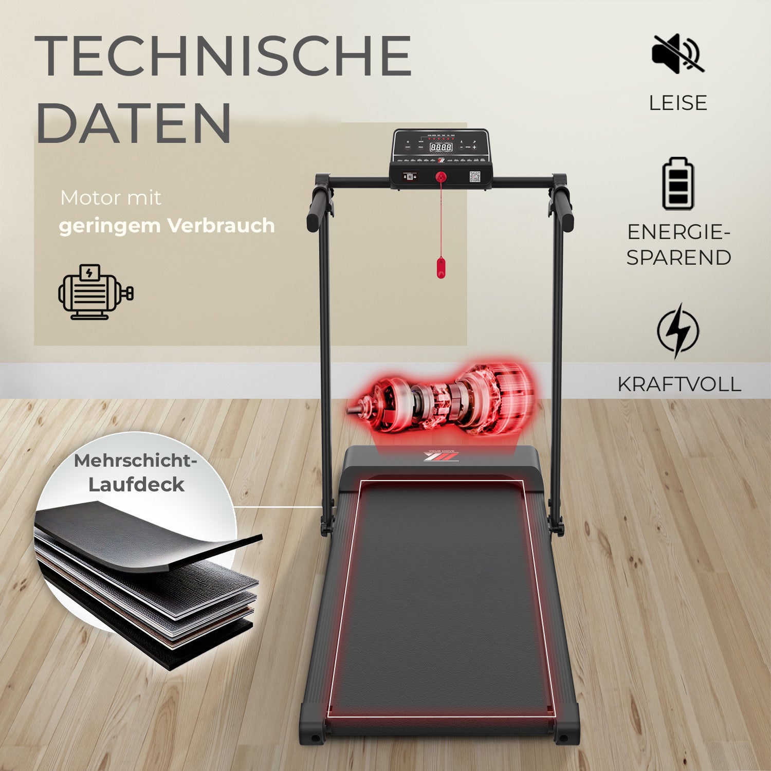 Technische Daten Laufband YM TD 500 EVO: leiser Motor mit geringem Verbrauch und mehrschichtiges Laufdeck