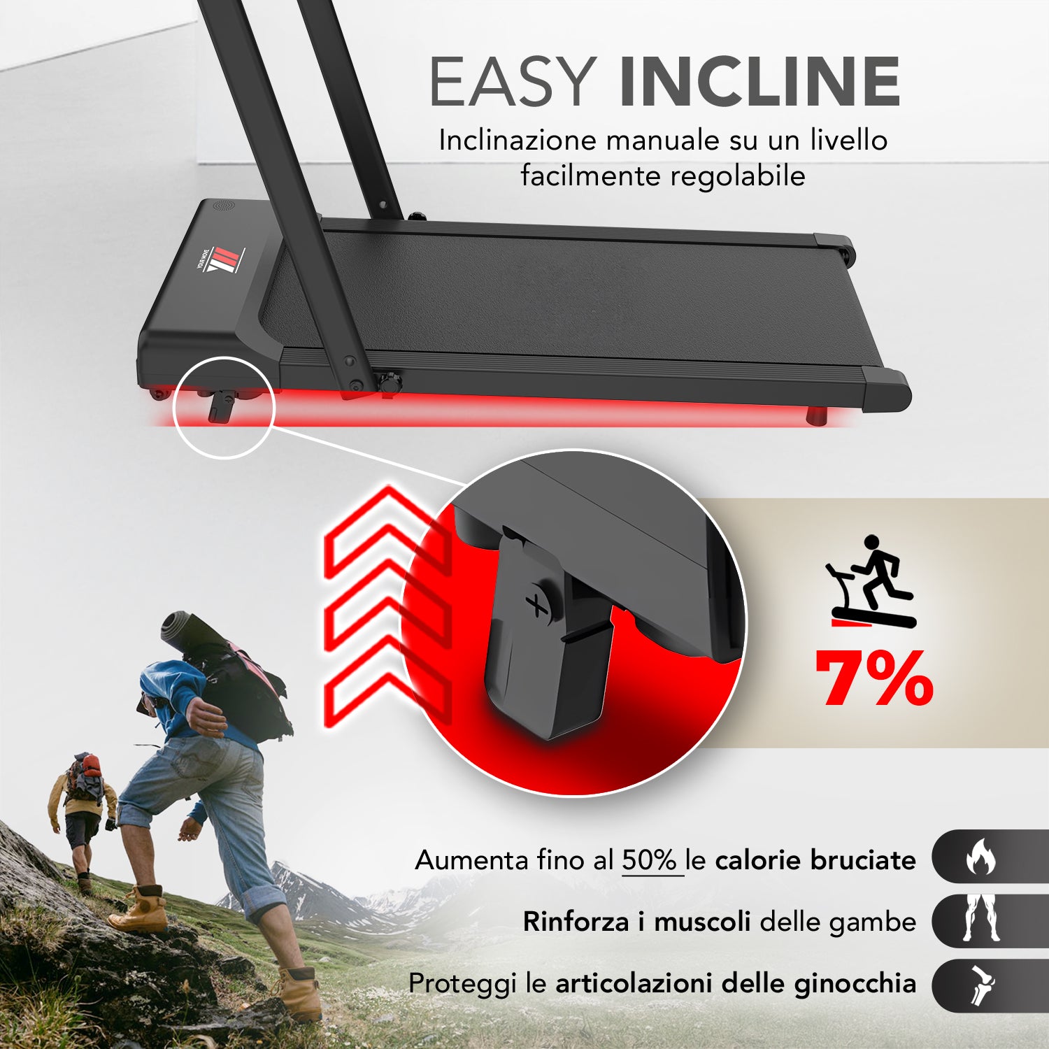 Inclinazione manuale al 7% del tapis roulant YM TD 500 EVO, regolabile dal piedino