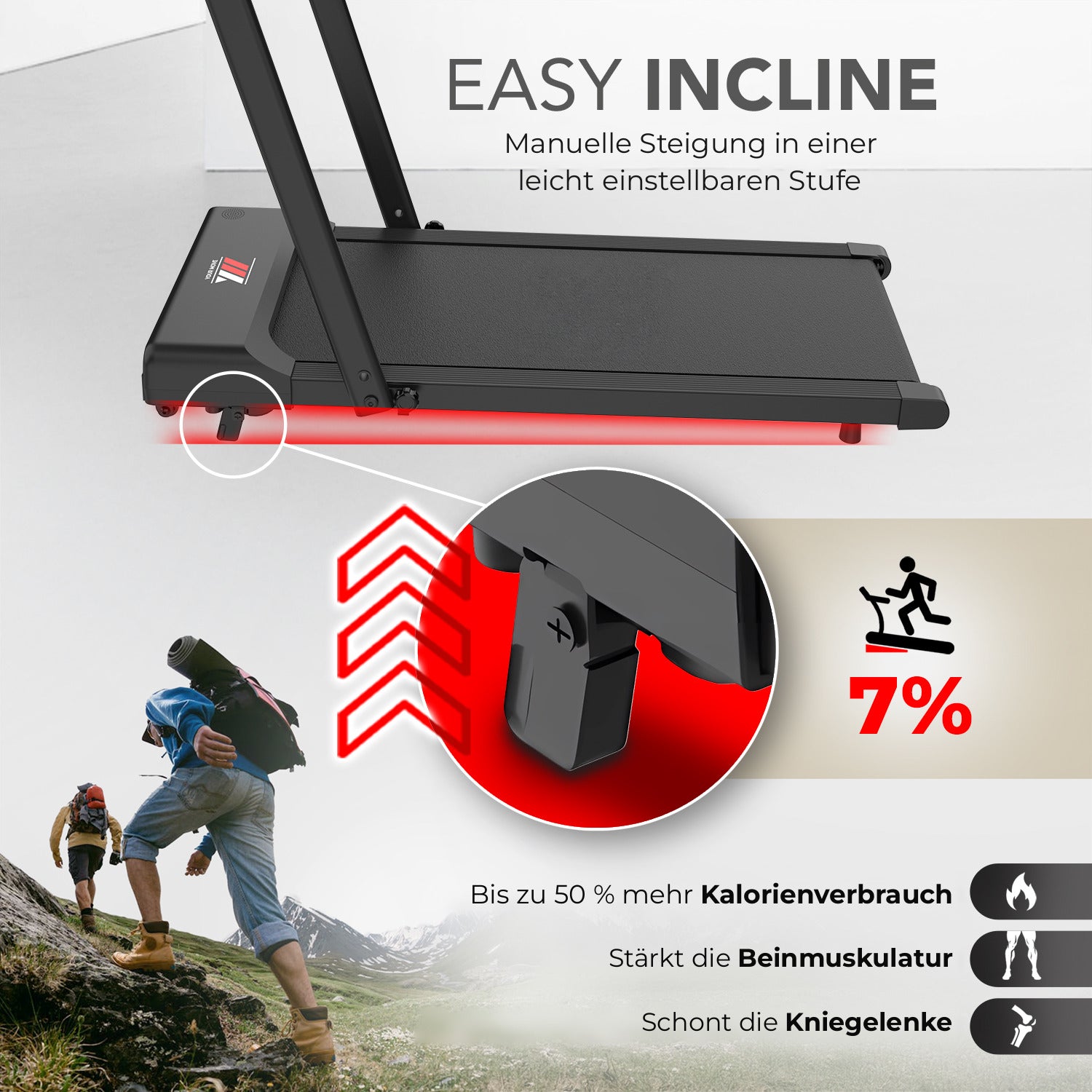 Manuelle Steigung von 7 % am Laufband YM TD 500 EVO, über den Standfuß einstellbar